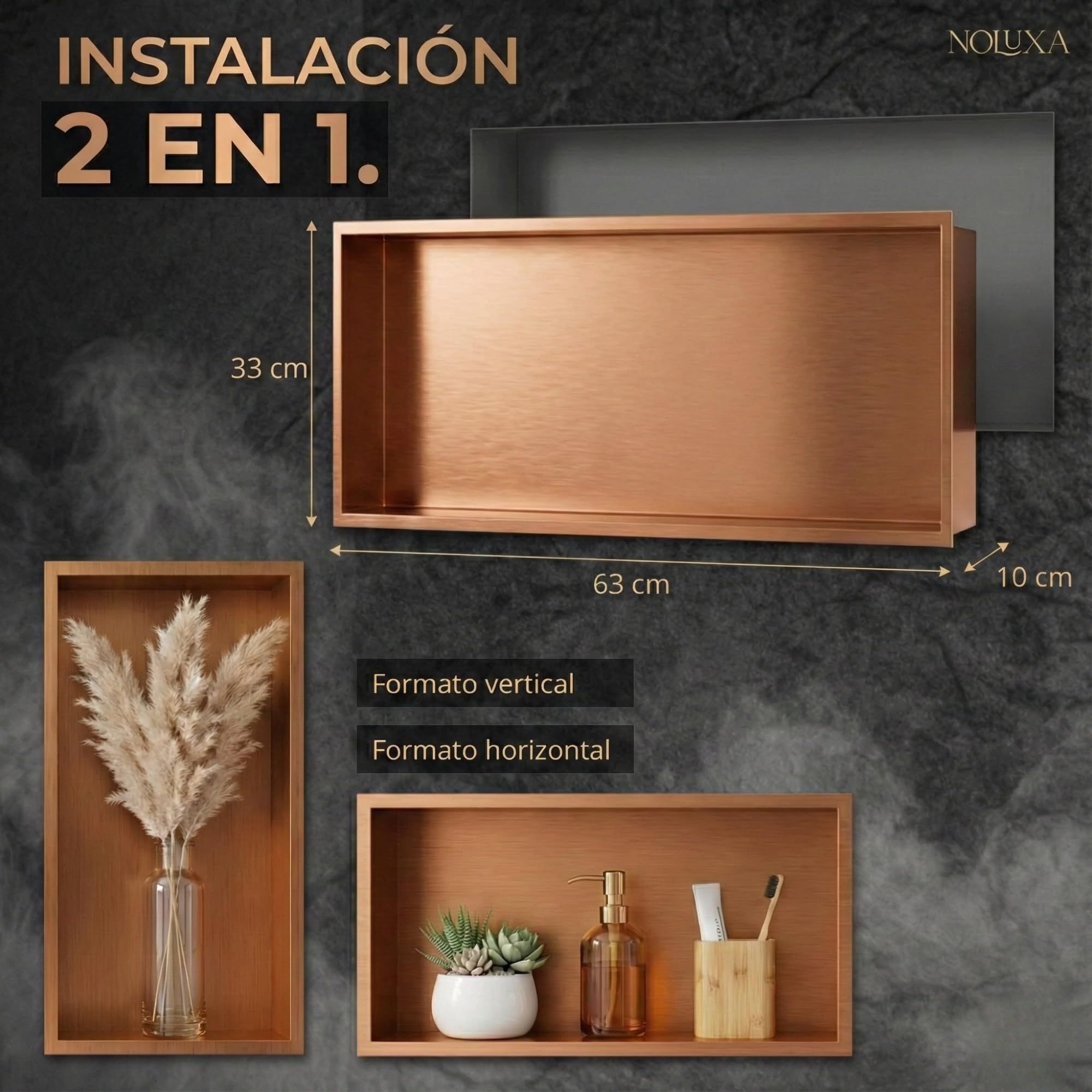 NOLUXA IMEX - Wbudowana nisza prysznicowa 63 x 33 cm różowe złoto szczotkowane | Prostokątny prysznic ze stali nierdzewnej S.304 | Kernat Łazienka wpuszczana do ściany o głębokości 10 cm | Pacific
