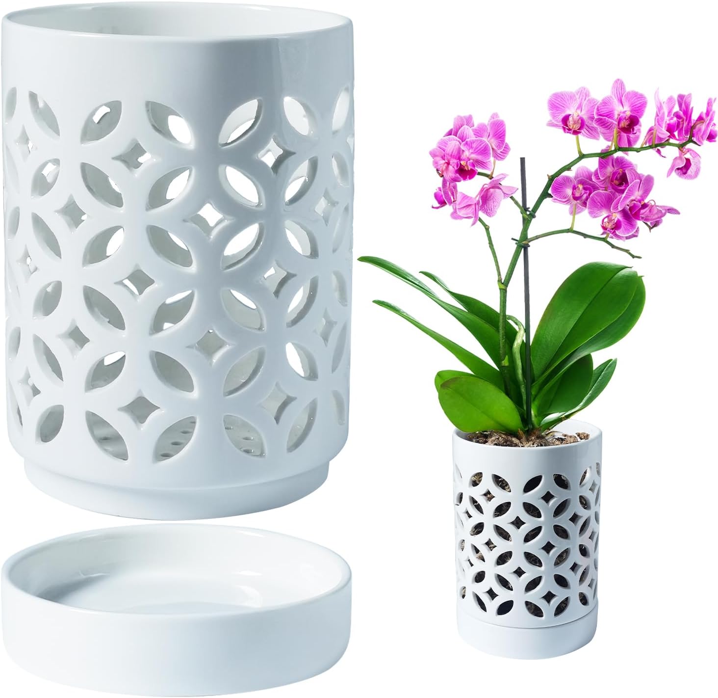 Orchid Pot 4 Inch, Orchid Pots with Holes & Saucers for Repotting, Breathable Slotted Orchid Pots Flower Plant Nursery Pot Orange 2 Pack