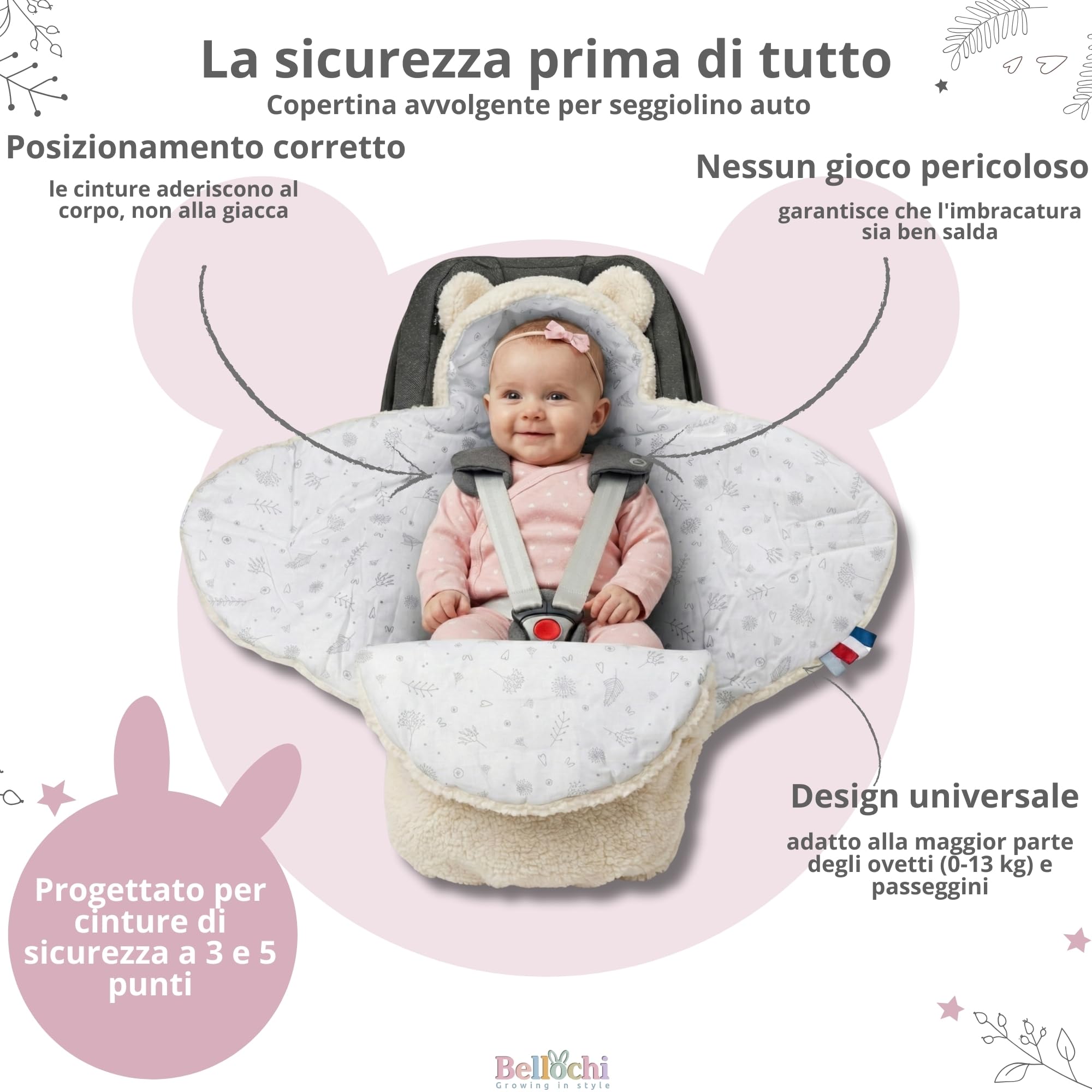 Bellochi Coperta per Ovetto e Passeggino, Bianca, 90 x 90 cm, per Seggiolino Auto, Morbida in Cotone Oeko-TEX, Invernale per Bambini