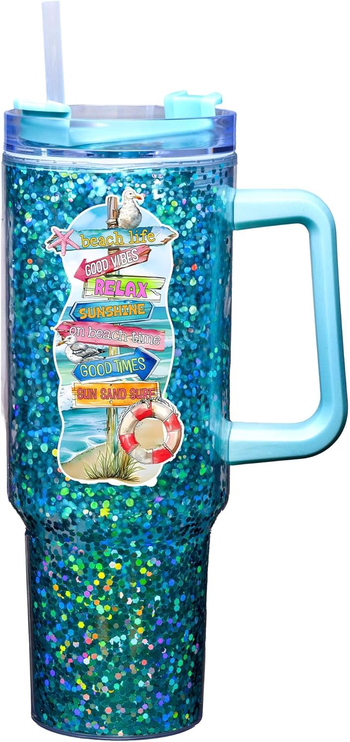 Spoontiques Beach 40oz Glitter Acrylic Travel Mug - Double Wall Acrylic with Sliding Lock Travel Lid and Straw - 11" Tall