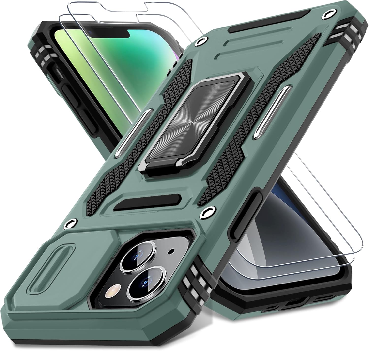 DEERLAMN Case for iPhone 13/iPhone 14 6.1-Inch with Slide Camera Cover+Screen Protector(2 Packs),Rotated Ring Kickstand Military Grade Shockproof Protective Cover-Green DEERLAMN Case for iPhone 13/iPhone 14 6.1-Inch with Slide Camera Cover+Screen Protector(2 Packs),Rotated Ring Kickstand Military Grade Shockproof Protective Cover-Green