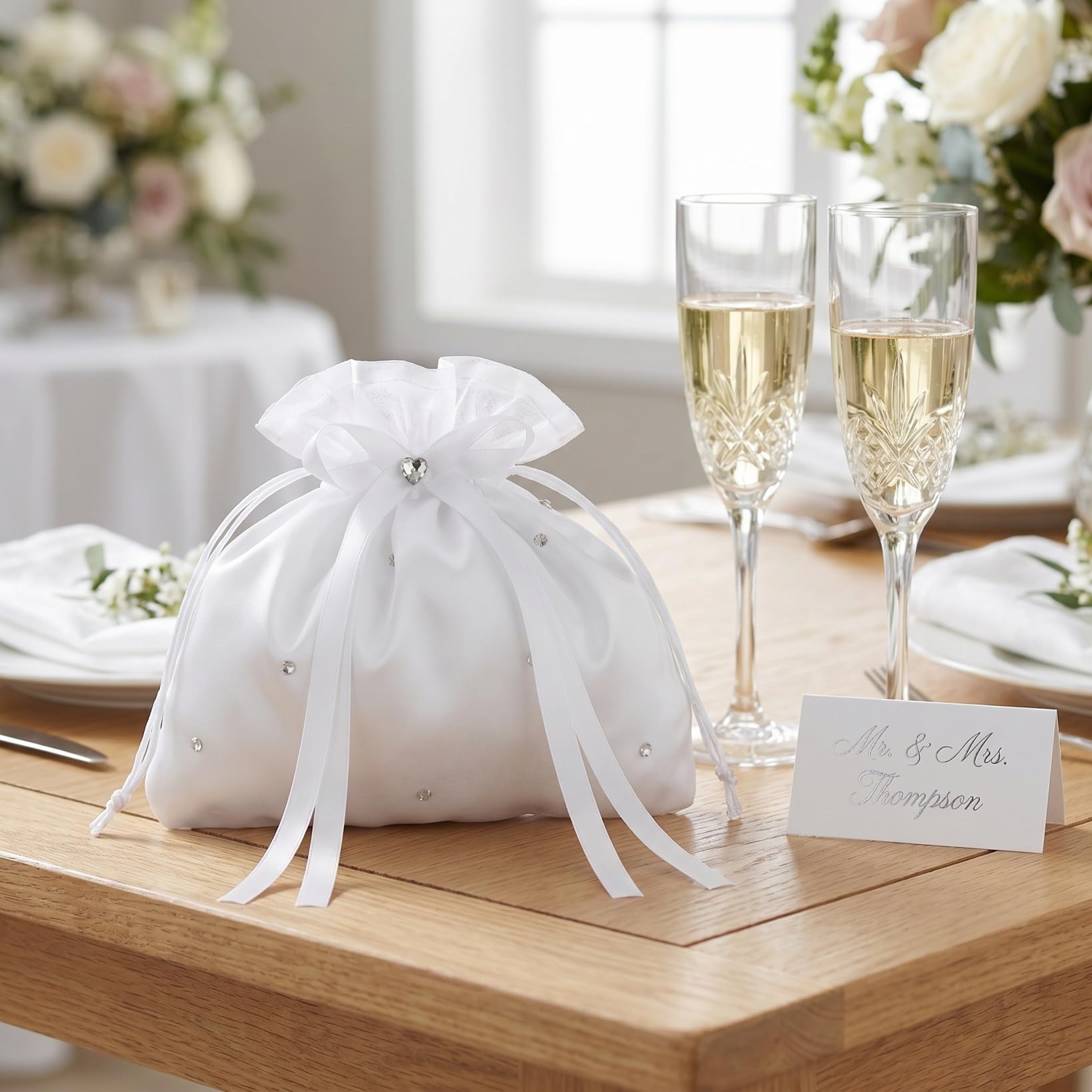 Veemoon Weiß Satin Brautbeutel, Braut Hochzeit Handtasche Brautbeutel Blumenmädchen Dolly Tasche Drawschnellzug Clutch Bag für Hochzeit Bankett Tanz Brautjungfern Accessoires 8,45X7,66X0,04 in