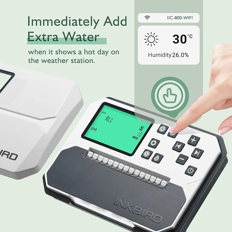 Inkbird IIC-800-WIFI Öntözésvezérlő, 8 Zónás Programozható Öntözőrendszer, Időjárásálló Burkolattal, Esőérzékelő Funkcióval és Szezonális Be