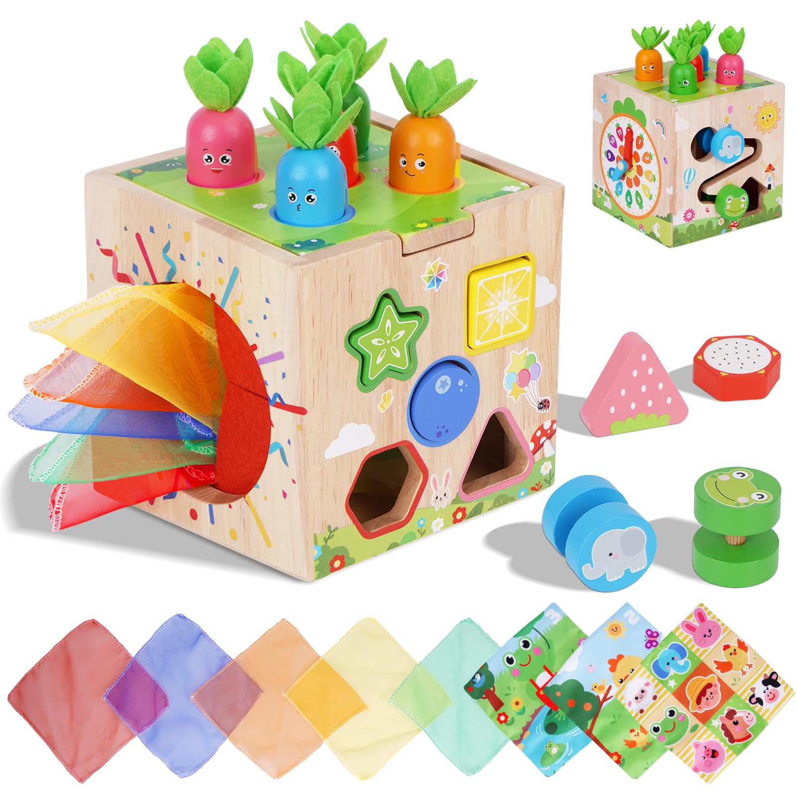 KMTJT Wooden Activity Cube with Baby Tissue Box Toy - Montessori Toys for 1 2 3 Year Old Toddlers, 1st One First Birthday Gifts for 12+ Months Baby Boys Girls | Bonus Sorting & Stacking Game