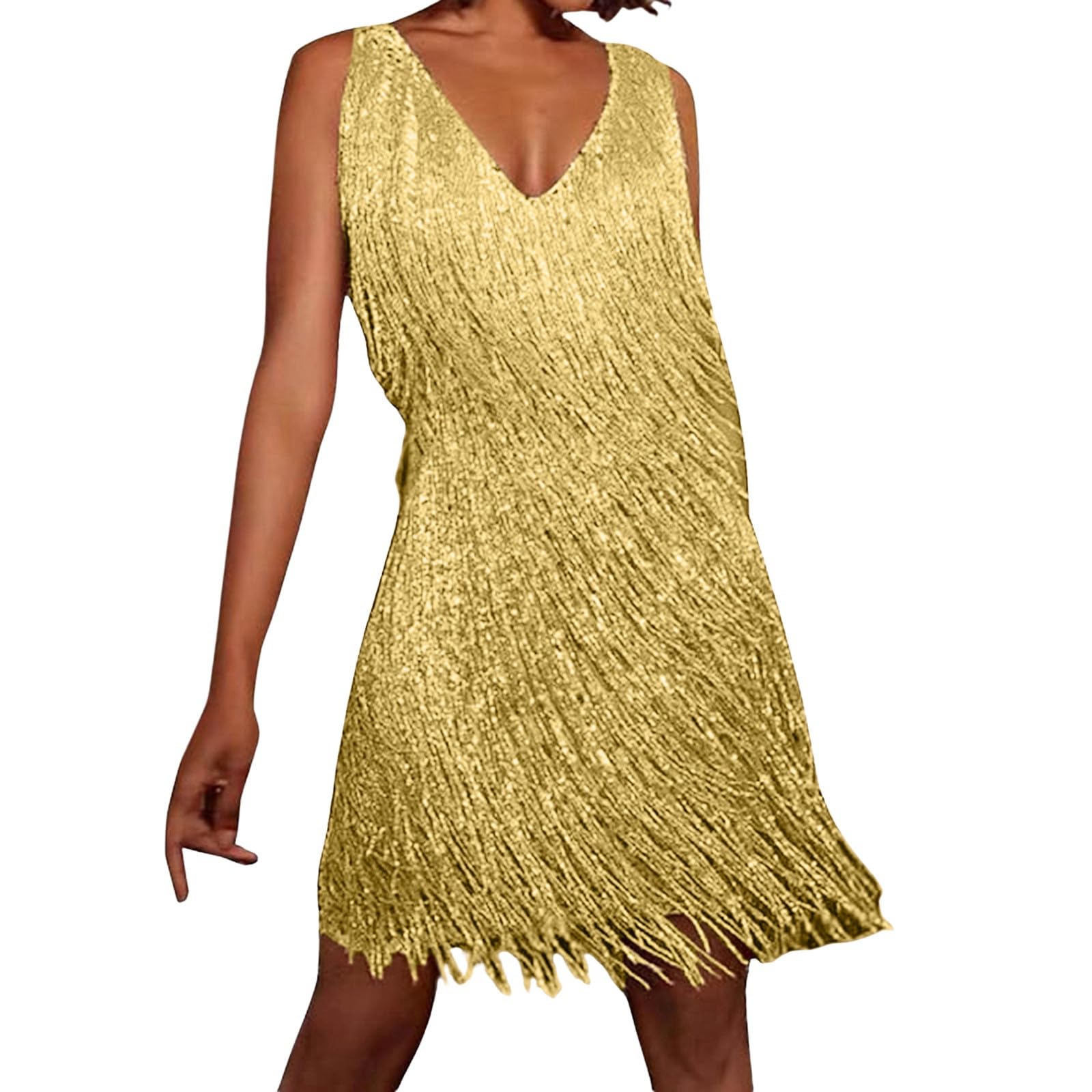 Glitter Dress Women's Tina Turner Fringe Dress Ochre/Gold Disco Outfit 70s Fringe Dress 20s Charleston Mini Dress Sequin Dresses for Women Spaghetti Straps Sexy Short Latin Dance Dress