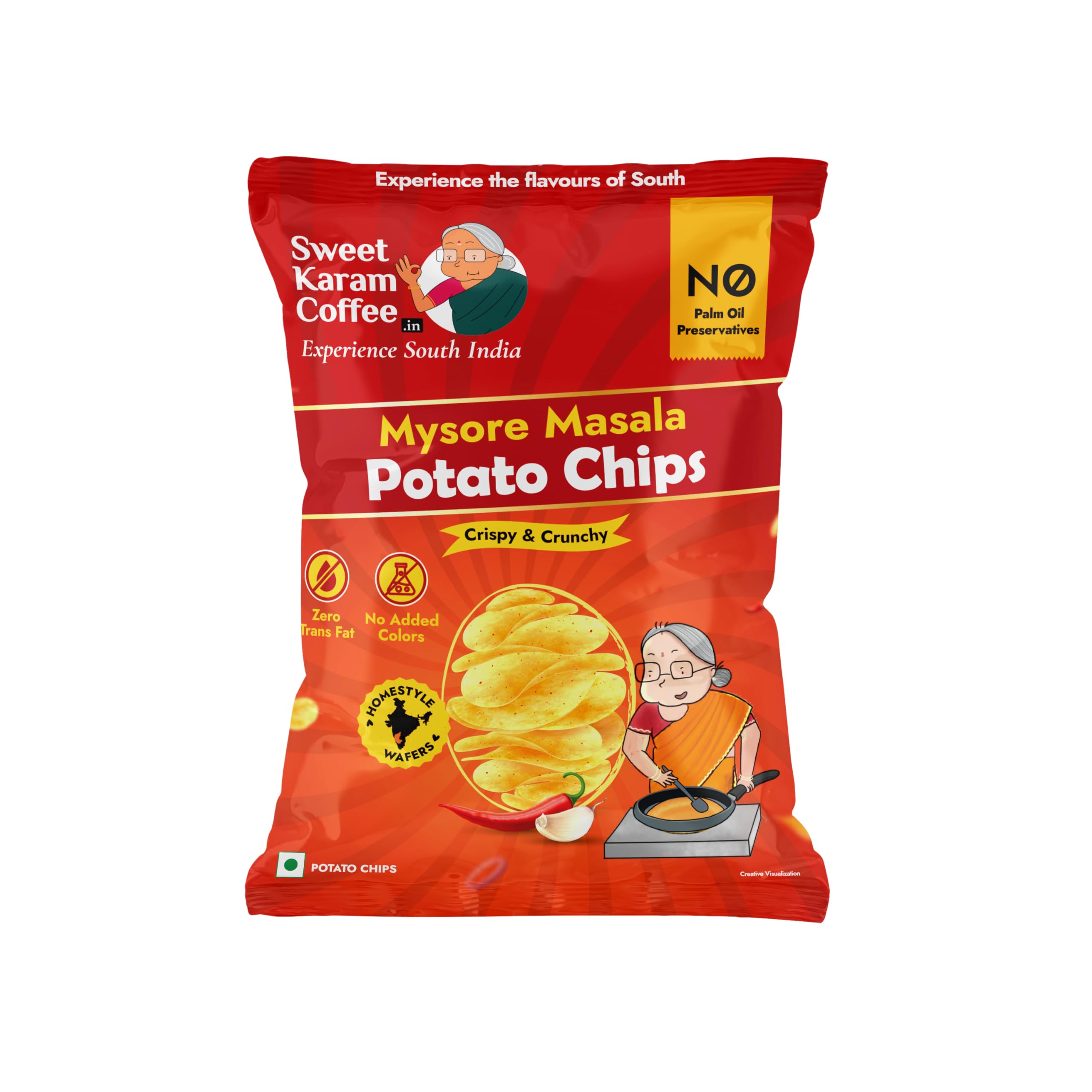 Sweet Karam Coffee Potato Chips | Mysore Masala Flavor – 60grams | No Palm Oil & Preservatives | Handcrafted Crispy Potato Wafers | Authentic South Indian Crunchy Tea-Time Snack-image-24
