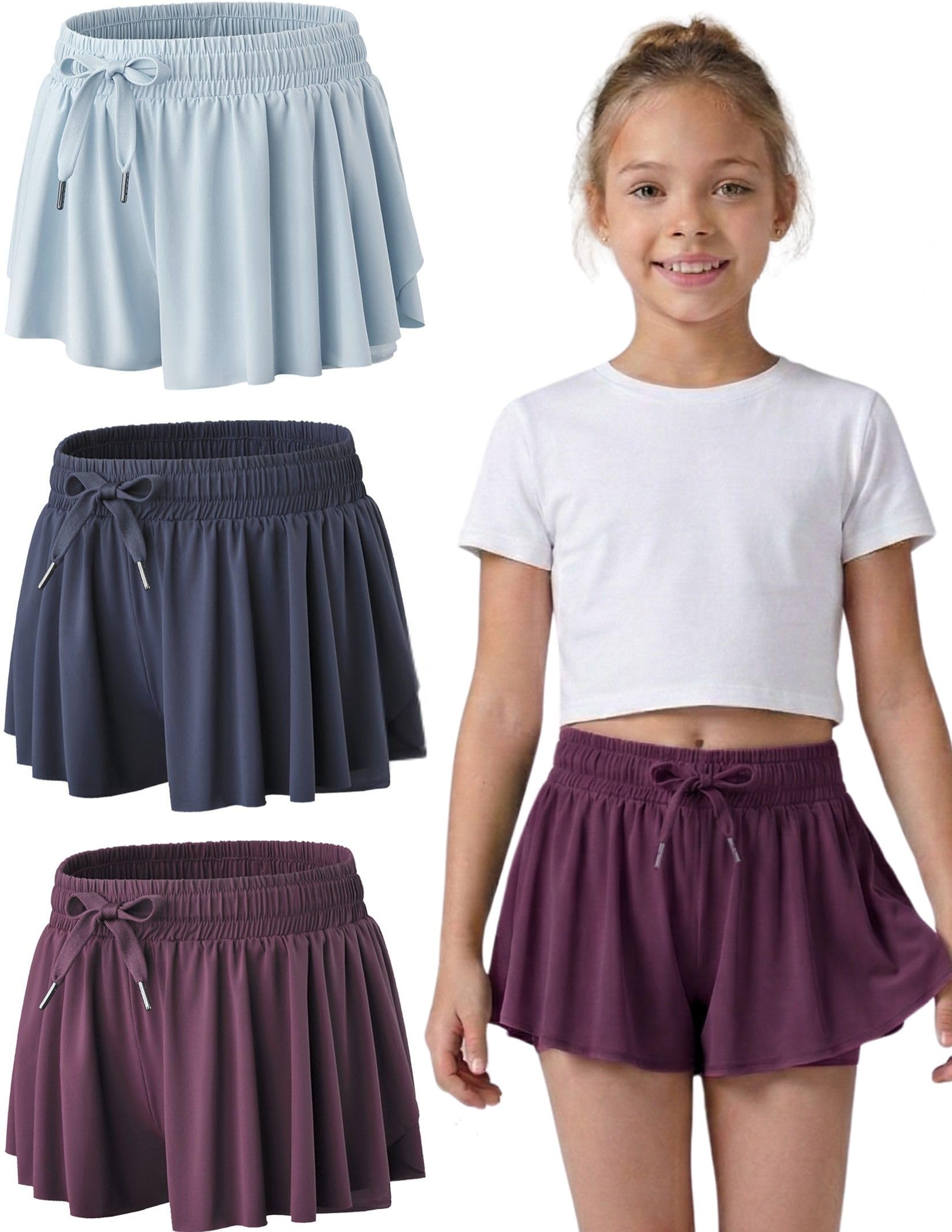 3 Pack Girls Flowy Shorts with Spandex Liner 2-in-1 Youth Butterfly Skirts for Fitness, Running, Sports