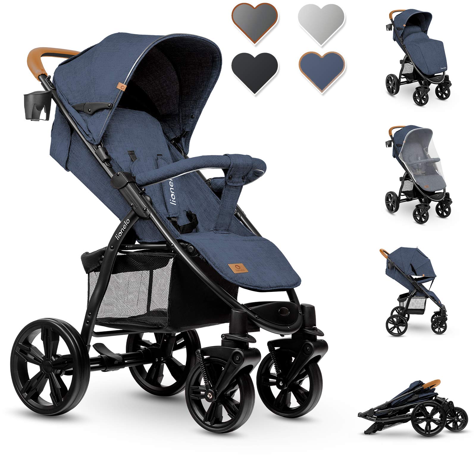 Lionelo Annet passeggino leggero pieghevole per bambini fino 48mesi o 22kg, regorabile, Con posizione sdraiata, Ruote EVA 28cm Cappottina XXL Zanzariera Coprigambe Portabibite BLUE STANDARD