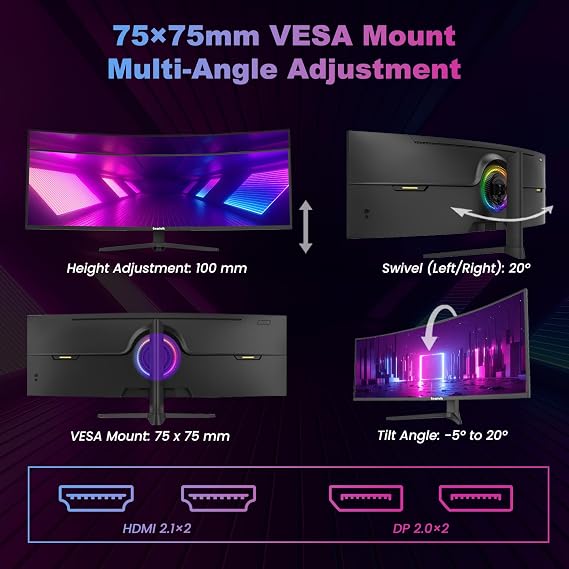Gawfolk 49 Inch DQHD Curved Gaming Monitor – 240Hz, 5120x1440 Super Ultra-Wide, 1500R, Height Adjustable Stand, 1MS, FreeSync, 120% sRGB,RGB Backlight, 2x DP 2.0, 2x HDMI 2.1, PBP/PIP,Black