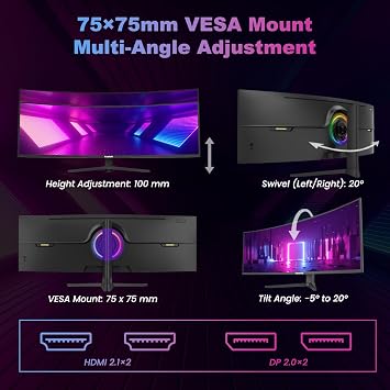 Gawfolk 49 Inch DQHD Curved Gaming Monitor – 240Hz, 5120x1440 Super Ultra-Wide, 1500R, Height Adjustable Stand, 1MS, FreeSync, 120% sRGB,RGB Backlight, 2x DP 2.0, 2x HDMI 2.1, PBP/PIP,Black