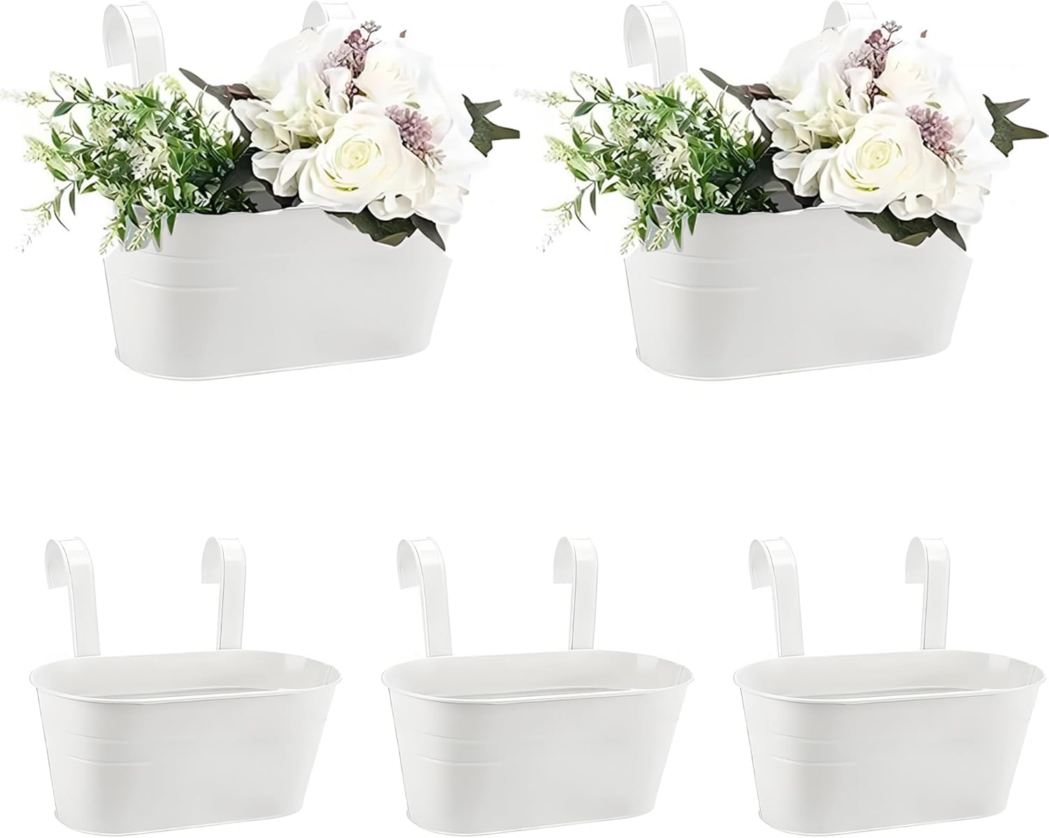 10.6" Oval Iron Hanging Flower Pots - Rust-Resistant Metal Planters with Detachable Hooks for Garden, Yard & Home Decor (Black，5 PCS)