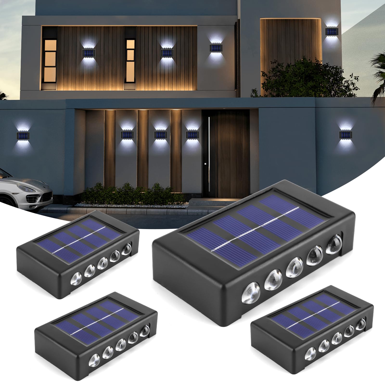 YUNYODA 4 Pack Solar Fence Lights, 10 LED Solar Wall Lights Outdoor with Up & Down Lighting