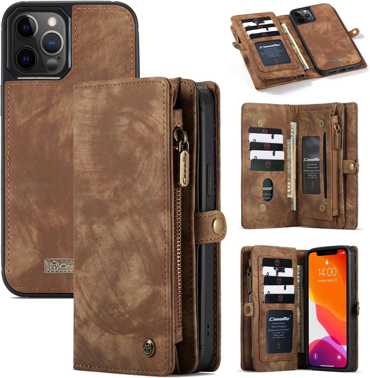AKHVRS iPhone 12 Pro Max Wallet Case, Premium Flip PU Leather Phone Case Wallet,8 Card Slot Holder with Detachable Magnetic Cover Zipper Cash Pocket Multi for iPhone 12 Pro Max (Brown)