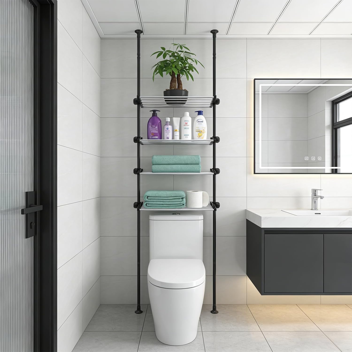 4 Tier Over The Toilet Storage 97-116” Over Toilet Bathroom Organizer with Adjustable Shelf Slim Behind Toilet Shelf for Toilet Paper Towel Plants (Black)