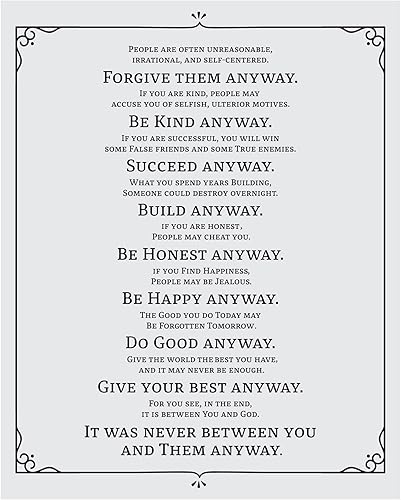 Do It Anyway - Inspirational Quotes Wall Art, Mother Teresa Motivational Quotes Is Perfect Vintage Print Wall Decorations For Home Decor, Studio