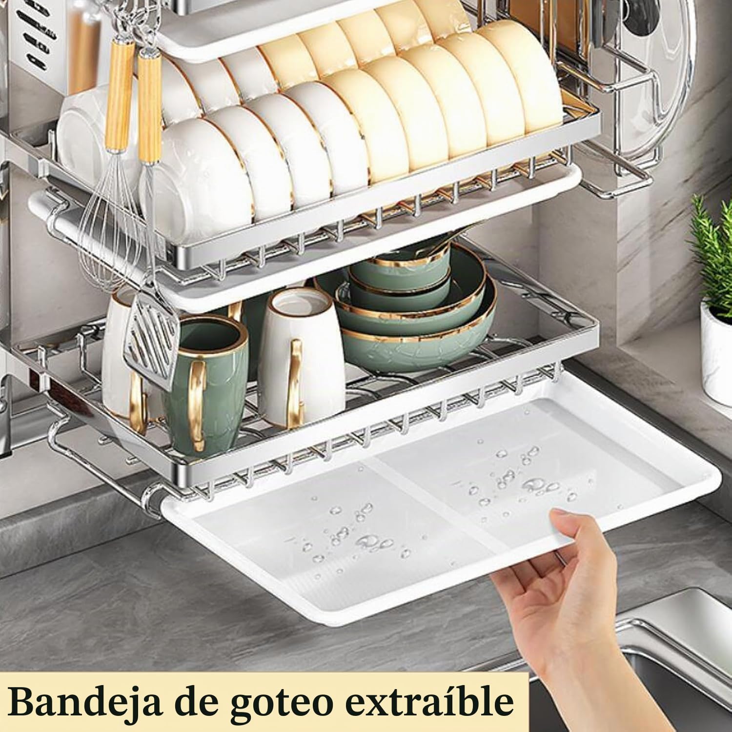 Estante para platos montado en la pared con bandeja de goteo extraíble de acero inoxidable, colgante, plegable con soporte para vasos y estantes para cuencos, escurridor de platos para la cocina