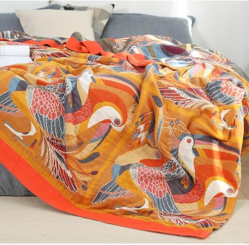 Miniatura 3 de SANACYNA Manta de muselina 100% algodón de 6 capas de gasa gris cuadriculada, ligera, suave y transpirable, para sofá y cama, ambos lados (B-pájaro