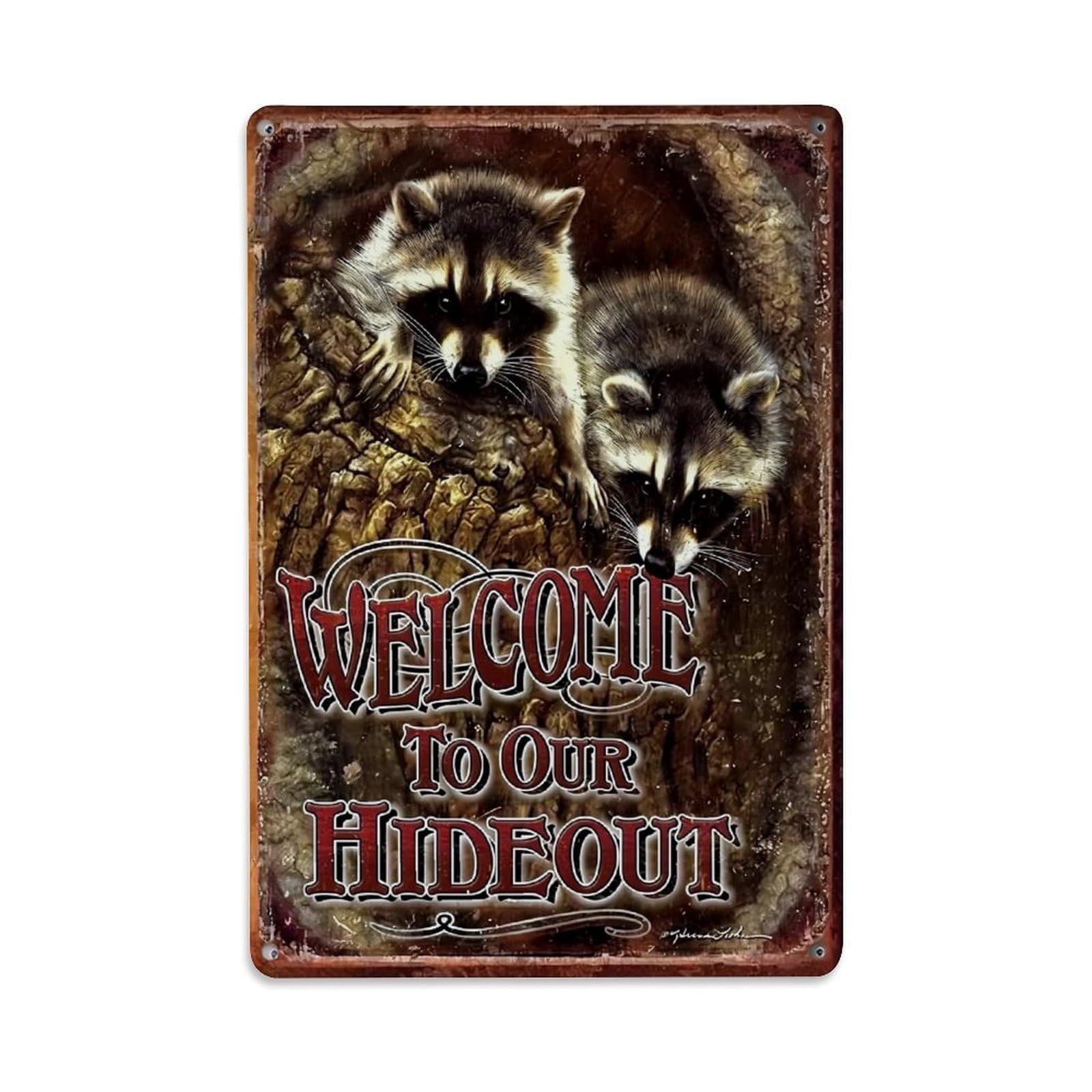 Jdfenggu Vintage Raccoons Tree Welcome Hideout Sign Retro Metal Tin Sign, Decor Art Poster For Bar, Home, Man Cave, Kitchen, Laundry Room Gift 8X12inch