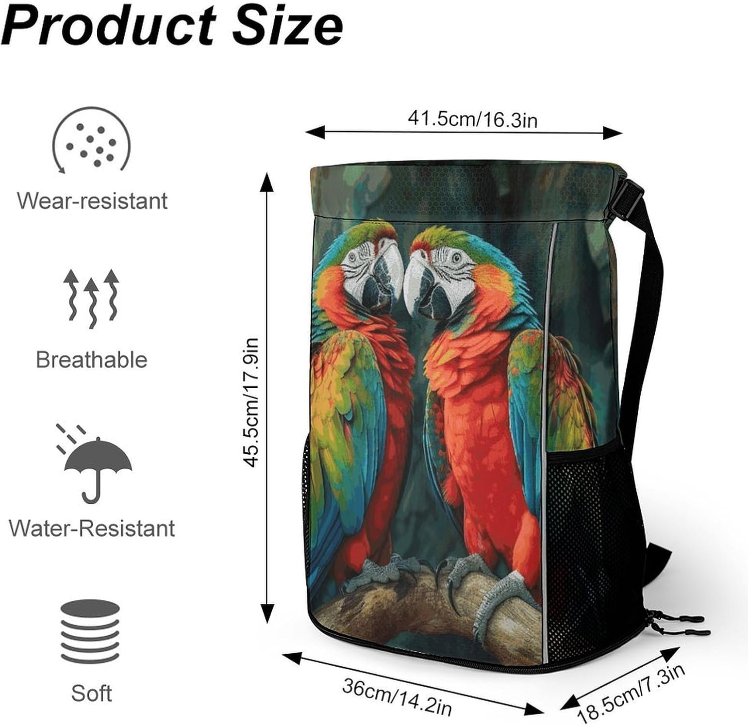 Two Colored Parrots Drawstring Backpack with Wet Pocket - Large Capacity Gym Bag with Shoe Compartment & Mesh Pockets, Adjustable Lightweight Gym Backpack for Swimming, Travel, Workout
