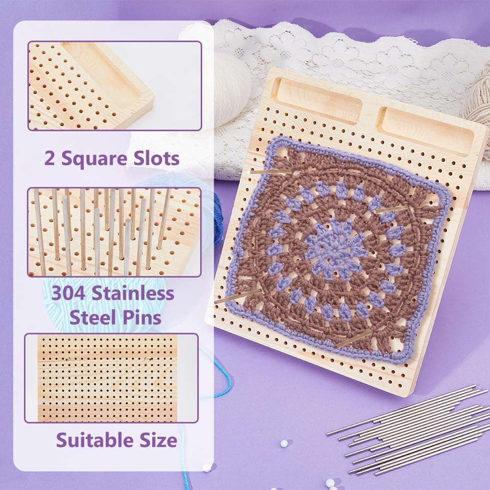 SUPERFINDINGS Crochet Blocking Board with 30 Rod Pins Handcrafted Knitting Wooden Crocheting Accessories 11x10Inches Crochet Gift Square Blocking Boards for Knitting Crochet Projects