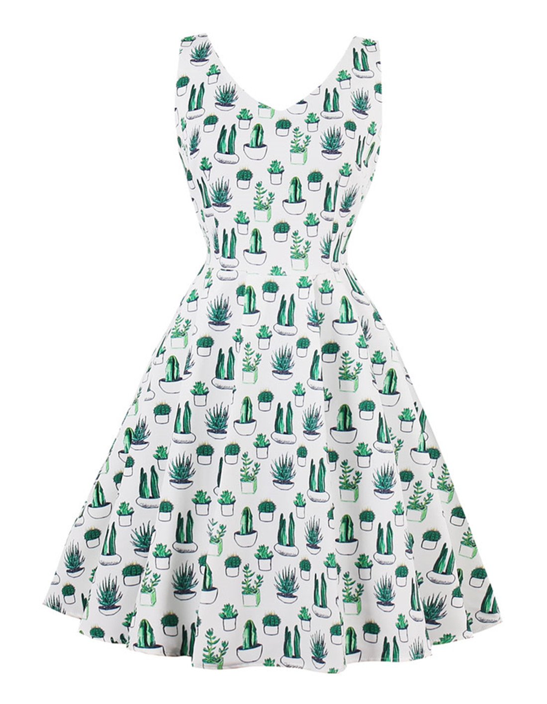 Women's Cactus Print Tank V Neck Spring Summer Vintage 60s 70s Dress