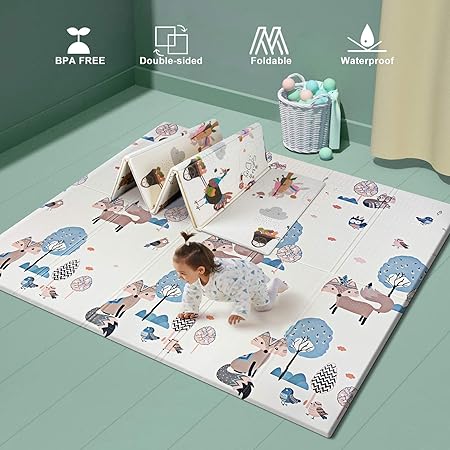 Foldable Baby Play Mat for Crawling, Extra Large Play Mat for Baby, Waterproof Non Toxic Anti-Slip Reversible Foam Playmat for Baby Toddlers Kids 71" x 79" x 0.6"