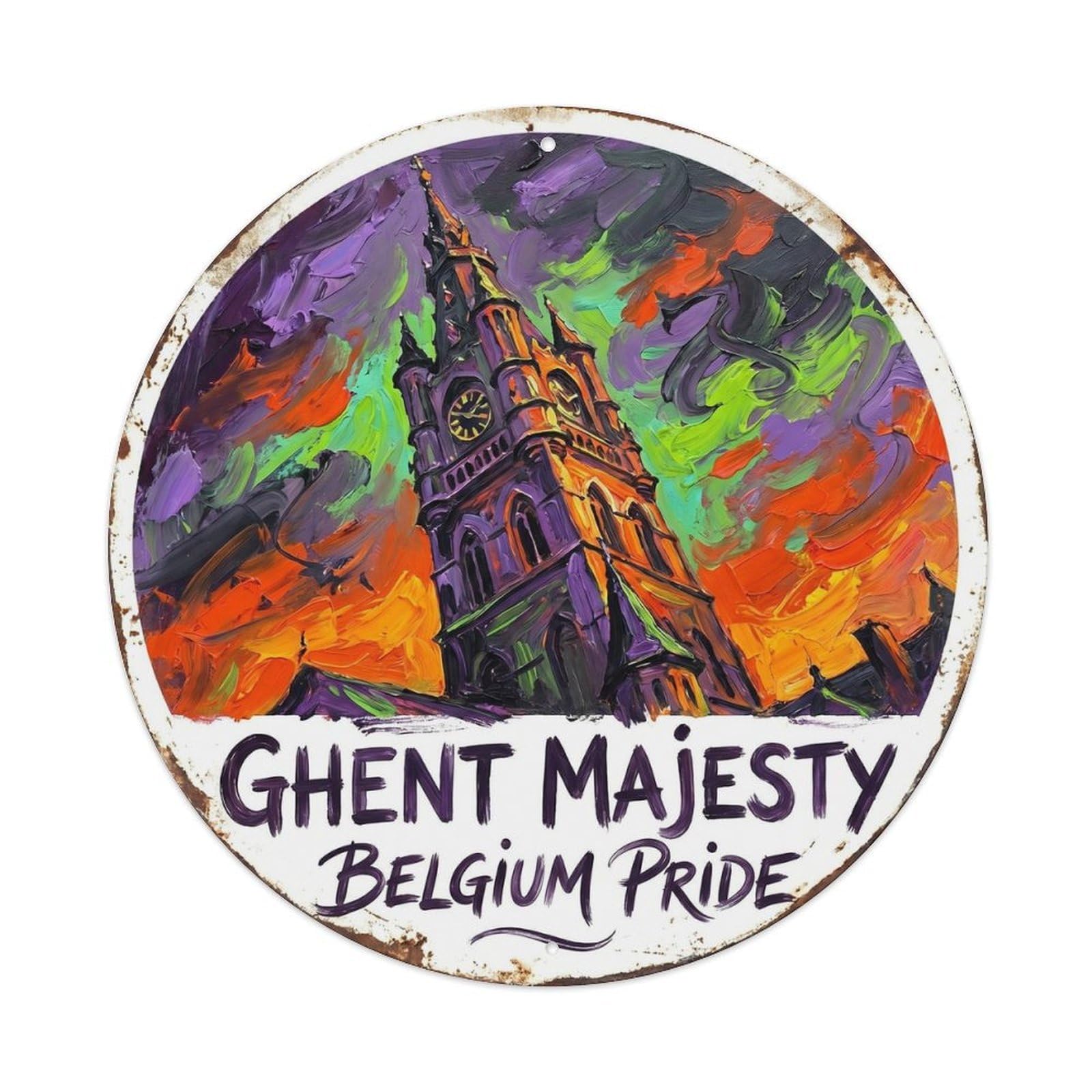 Belgium Tower Heritage Destination Scenic Landmark City Metal Tin Sign Plaque Wall Decor for Cafe, Man Cave, Club Bar, Office, Home Garden Round Metal Poster 8x8Inch