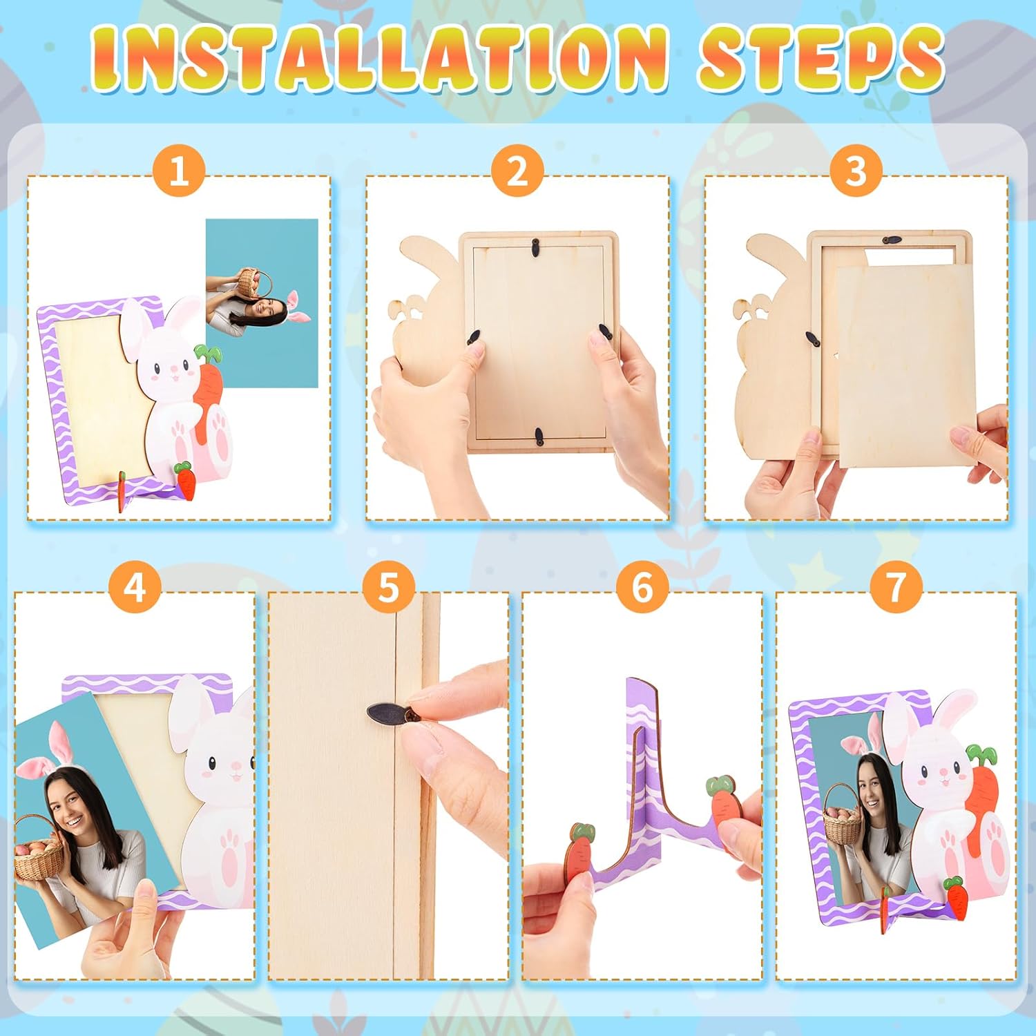 Youyole 8 Pcs 4 x 6 Inch Easter Bunny Picture Frame with Stand Wooden Decorative Tabletop Photo Postcard Display Picture Frame with Stand Spring Gifts Home Office Table Tabletop Easter Decoration