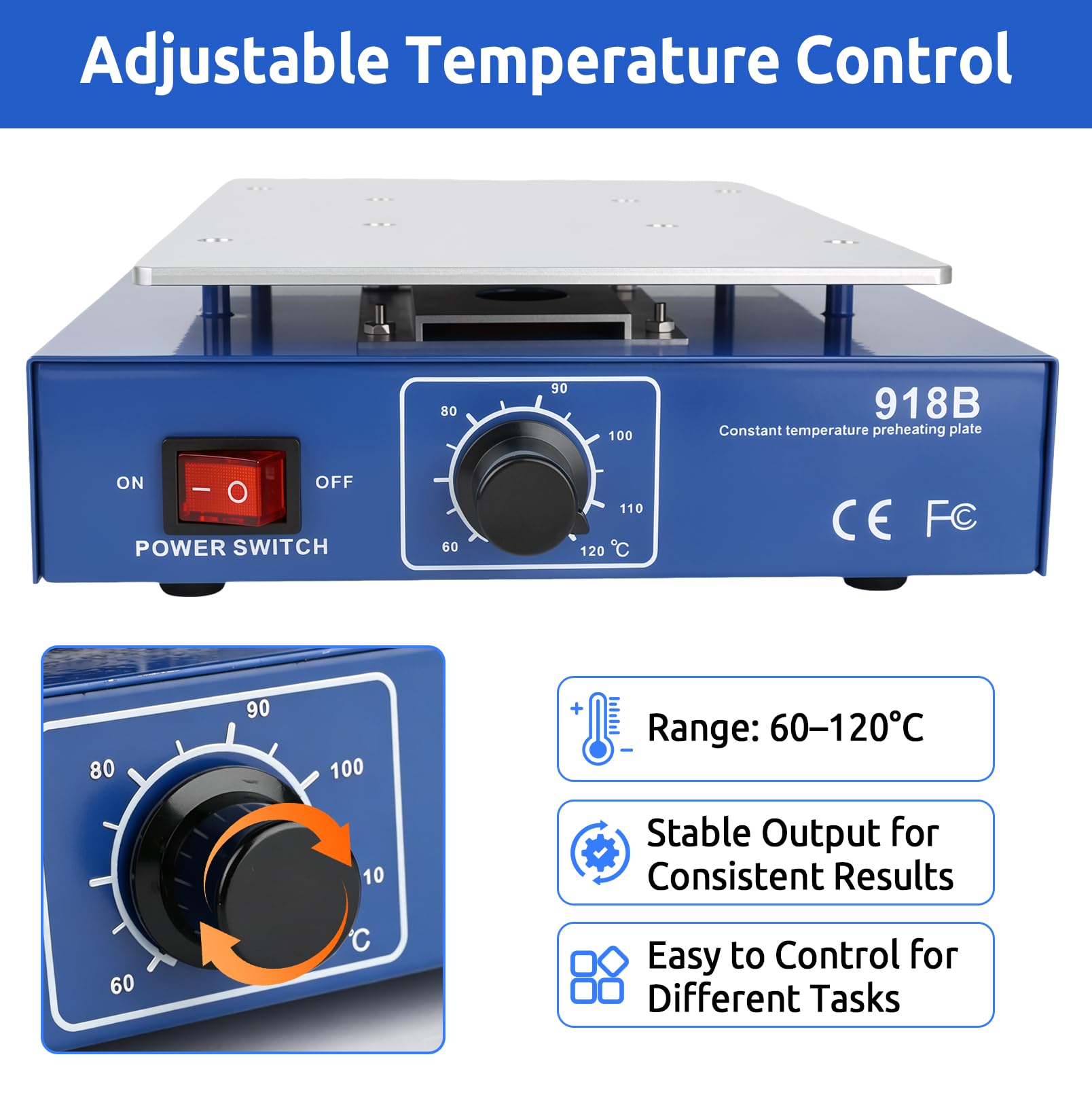 Stazione di Preriscaldamento PCB 450W, Piastra Riscaldante per Saldatura | 180×130 mm con Display LCD, Stazione di Pre-Riscaldo 60–120℃, con Saldatore, Spatola, Righello in Acciaio e Pinzetta