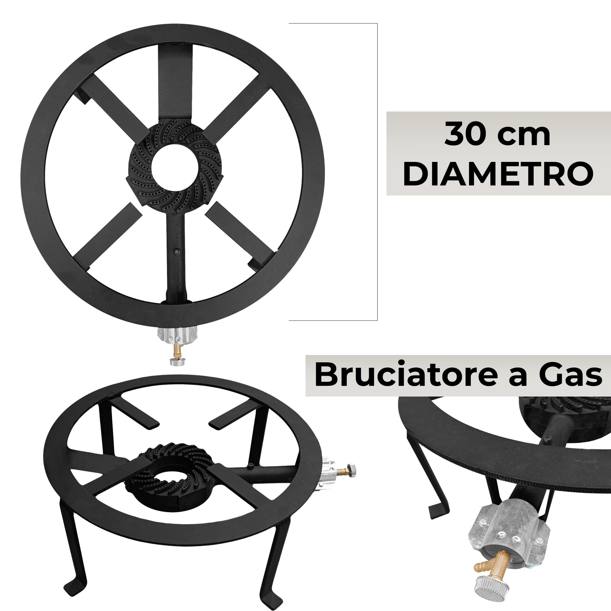 AEFFE Fornellone con Bruciatore e Valvola, in Ghisa, Quadrato o Tondo, per Esterno con Piedi, da Giardino, Campeggio, per Conserve adatto a Padelle (Rotondo, 30 cm Diametro)