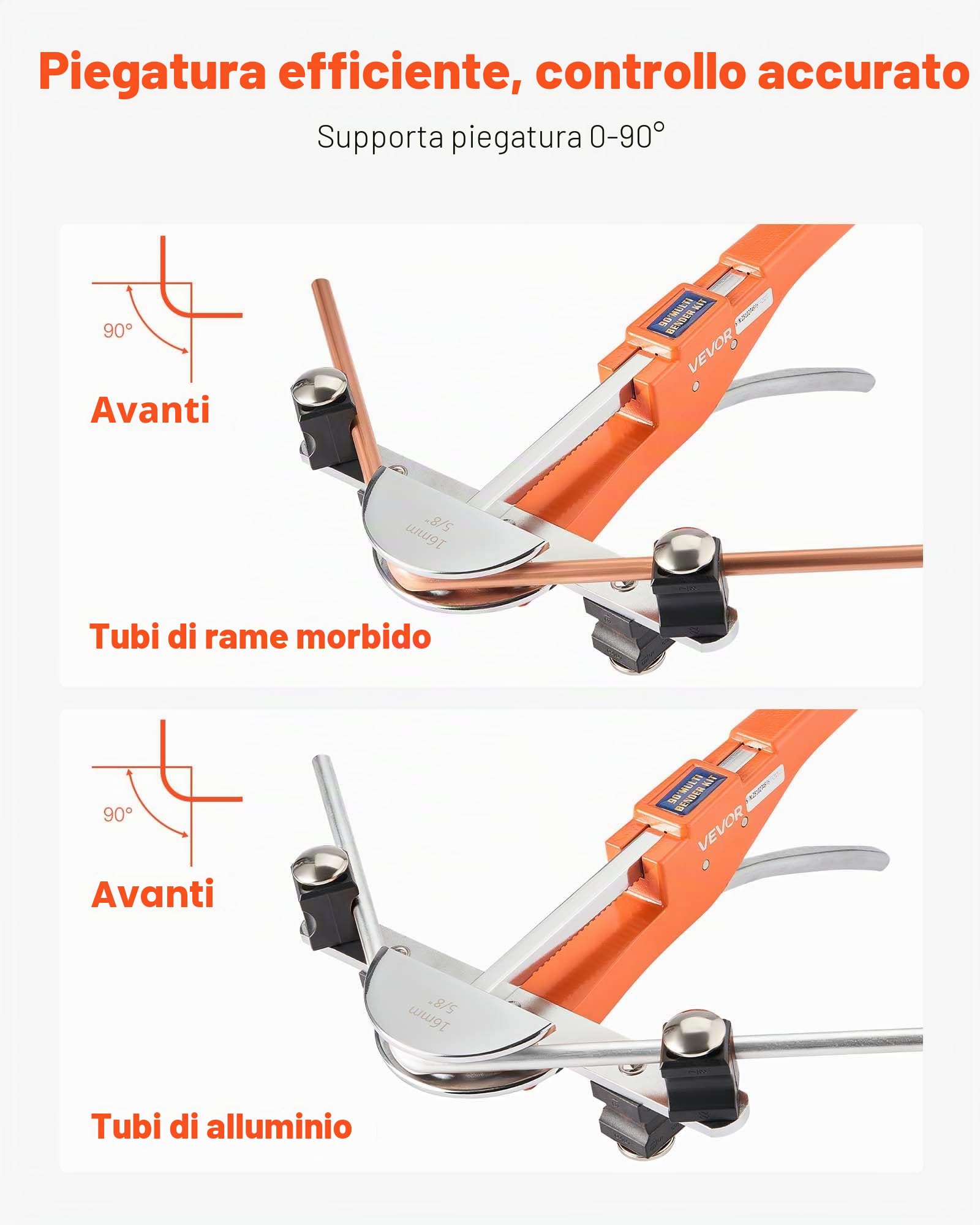 VEVOR Kit Piegatubi Pinza Piegatrice Manuale per Tubi in Rame Alluminio 6mm-22mm, Utensile per Piegatura a Cricchetto Manuale Spessore Compatibile 0,5-1,2 mm 7 Matrici per Manutenzione Impianti HVAC