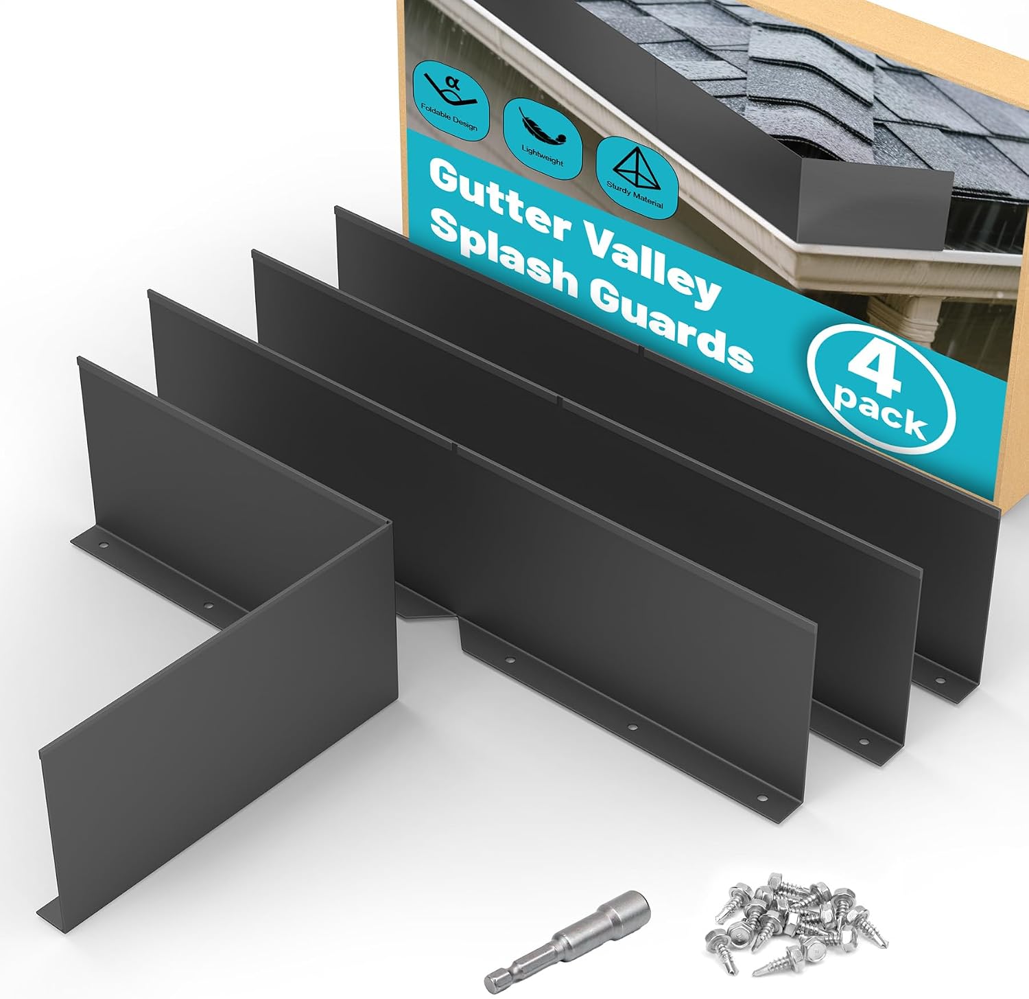 Chiligent 4-Pack Aluminum Gutter Valley Splash Guards - Foldable Rain Diverters for Shingle Roofs, Corners & Valleys, Easy Install with Screws