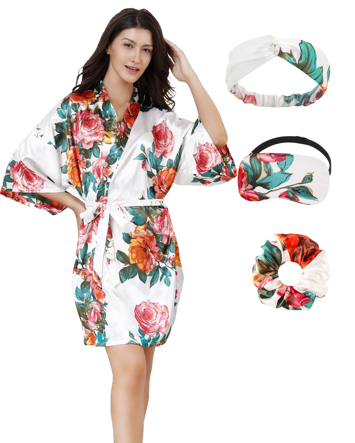 EPLAZA Silk Robes for Women Satin Robe Short Sexy Print Flower Kimono Loungewear Wedding Bridal Party