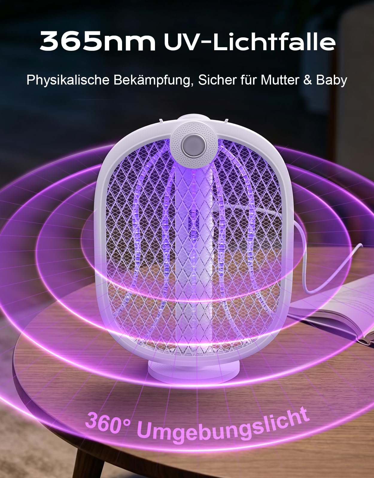 Elektrische Fliegenklatsche Extra Stark 4000V, 180° Klappbarer Fliegenfänger Elektrisch mit Automatik UV Lichtfalle & Manuellmodus, 1800mAh USB C Aufladbar, Elektro Mückenfalle für Innen Außen