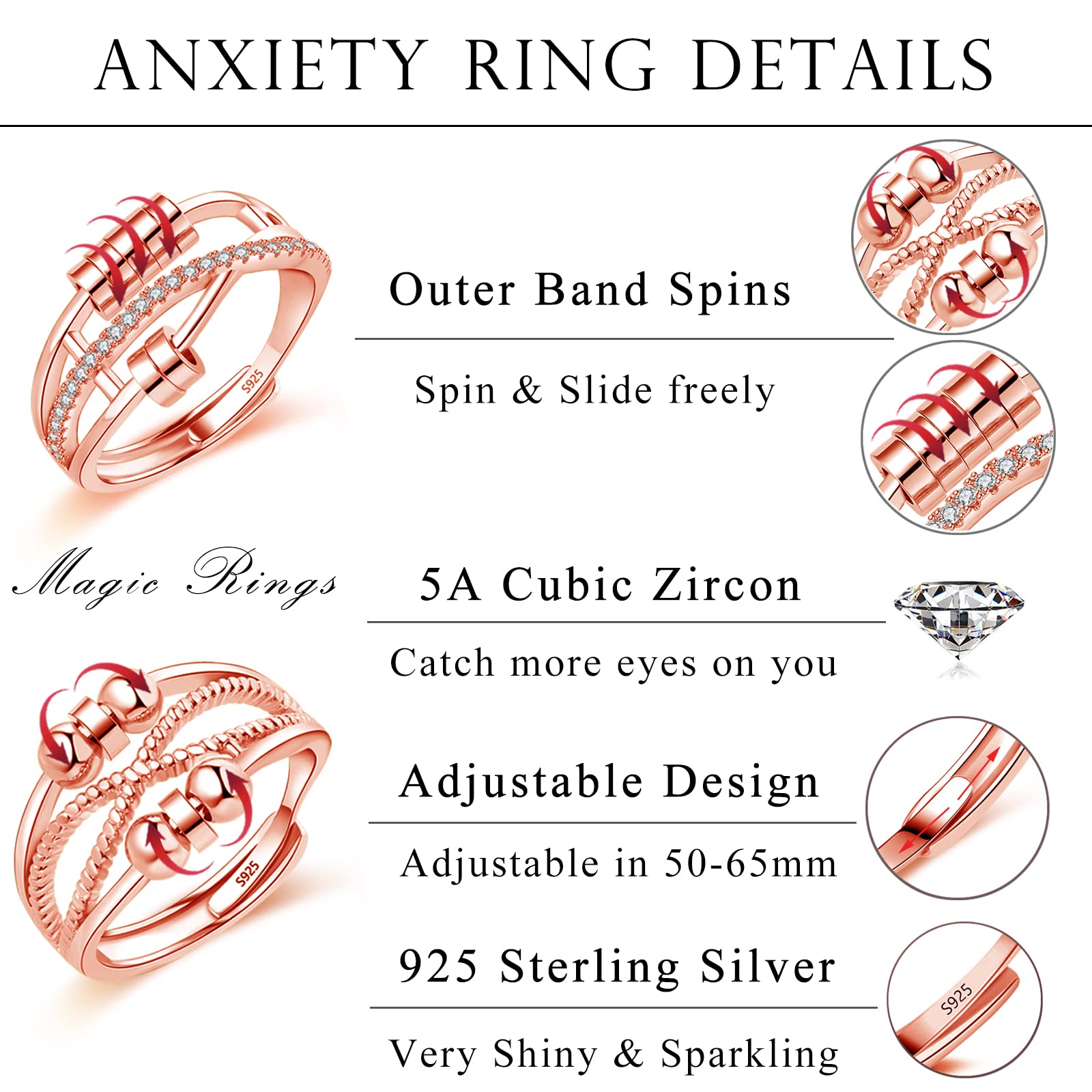 Silber Anxiety Rings, 2PCS 925 Sterling Silber Damen Angst Rings Set, Offen Einstellbar Anti Stress Ring, Unisex Unendlichkeit Silber Spinner Fidget Ringe Dekompressionsringe mit 6 / 7Perlen