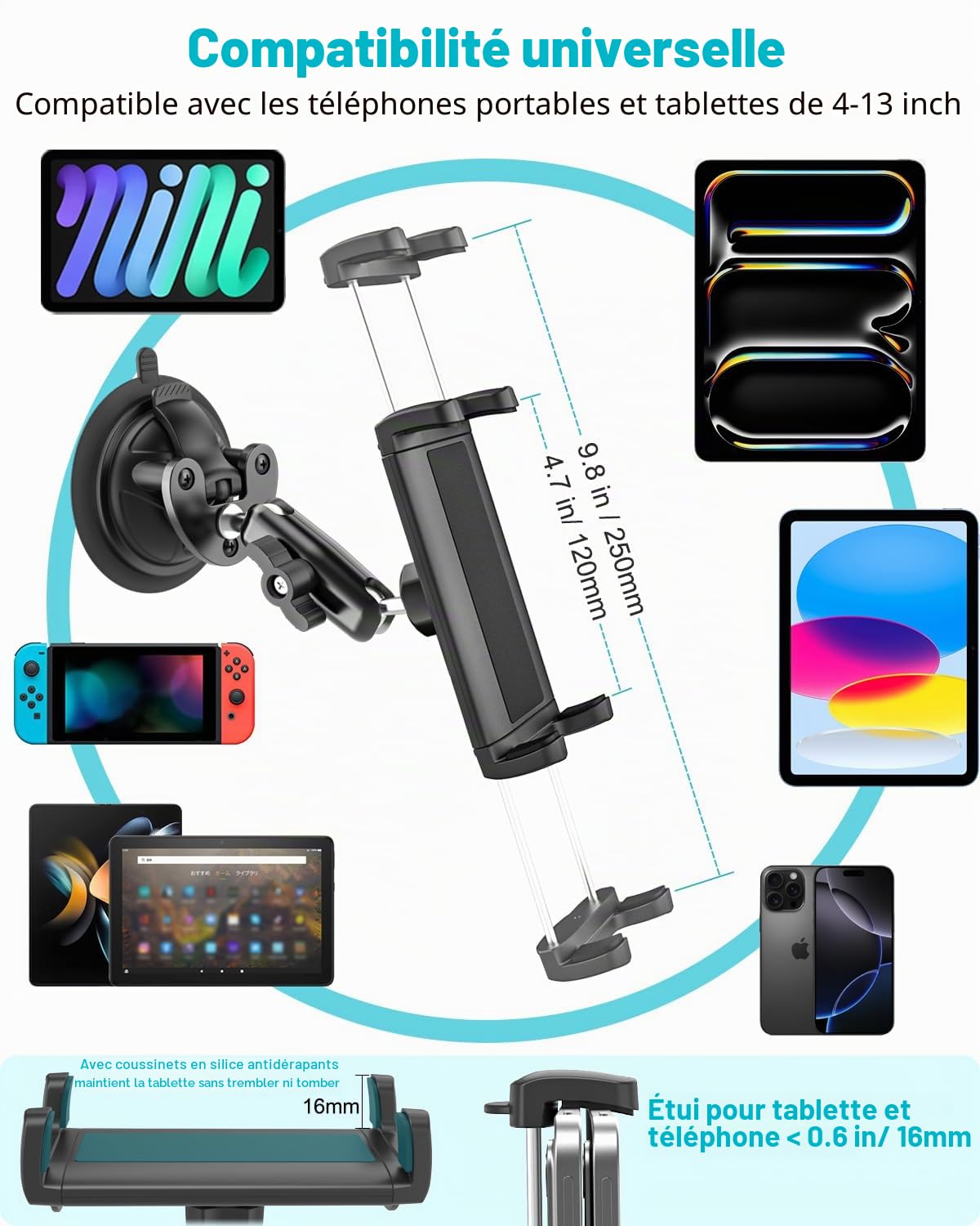 Support Tablette Pilote, Support Tablette pour Avion Cessna Pare-Brise [Ventouse Puissante], Bras Métallique Rotatif à 360° Porte d'aviation pour iPad Mini Air Pro, Galaxy Tab, iPhone, 4~13