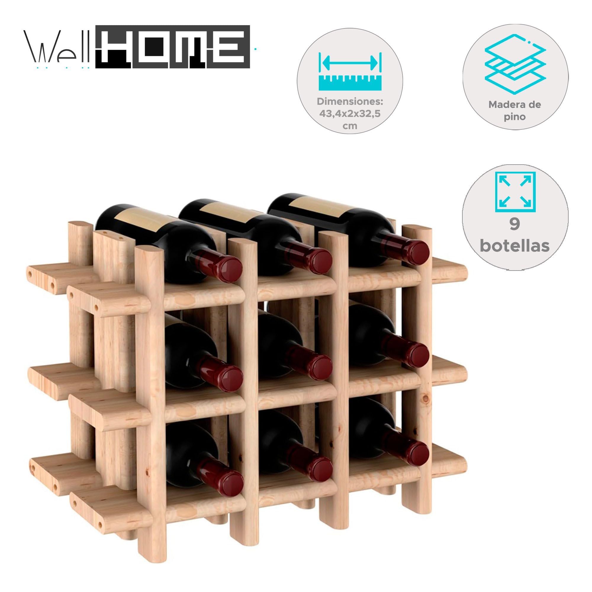 Well Home Botellero Modular para 9 Botellas en Madera 13,4x22x32,5cm