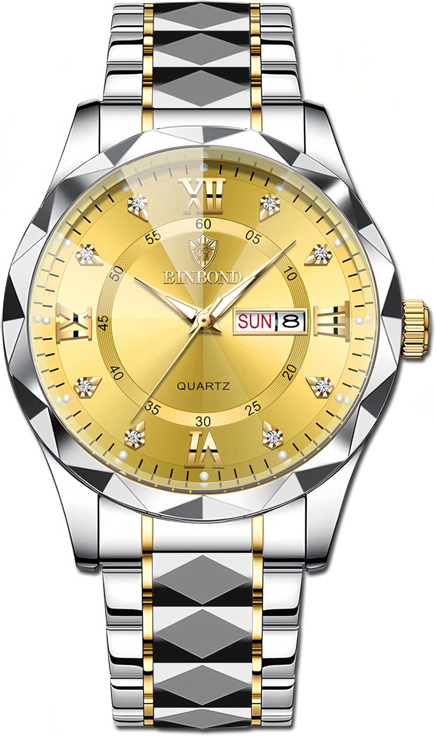 Gosasa Luxury Men's and Women's Business Diamond Stainless Steel Waterproof Roman Numeral Analog Quartz Watch with Day-Date Calendar, Gold and Silver Tone