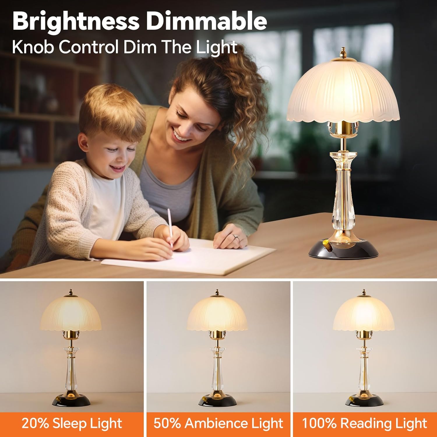 Crystal Table Lamp,Dimmable Bedside Lamp with ON/Off Switch Modern Glass Lamps for Night Stands Bedroom Living Room Decor (1PACK)