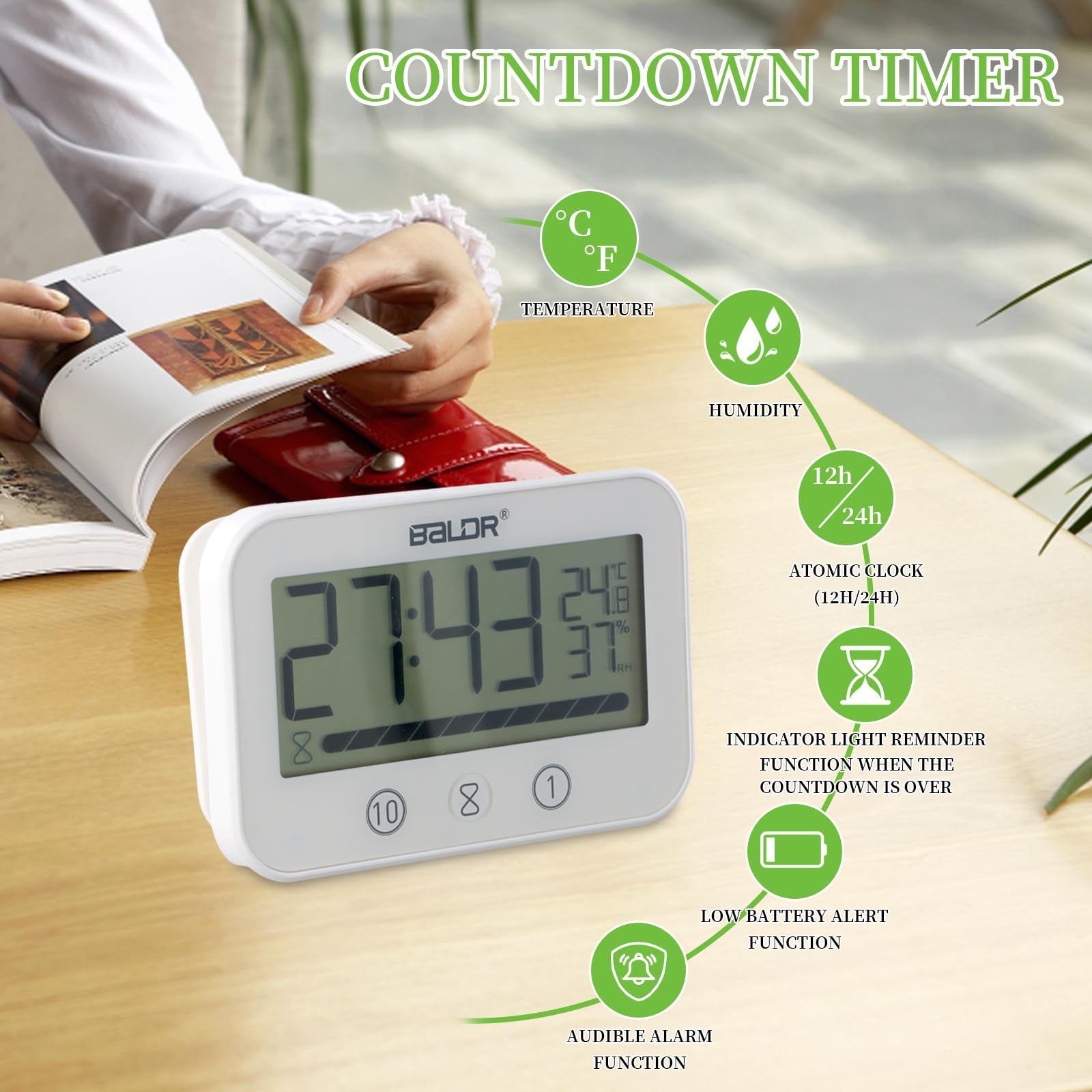 Orologio da Bagno Impermeabile con Timer per Doccia - Display Digitale di Temperatura e Umidità, Timer da Cucina a Batteria