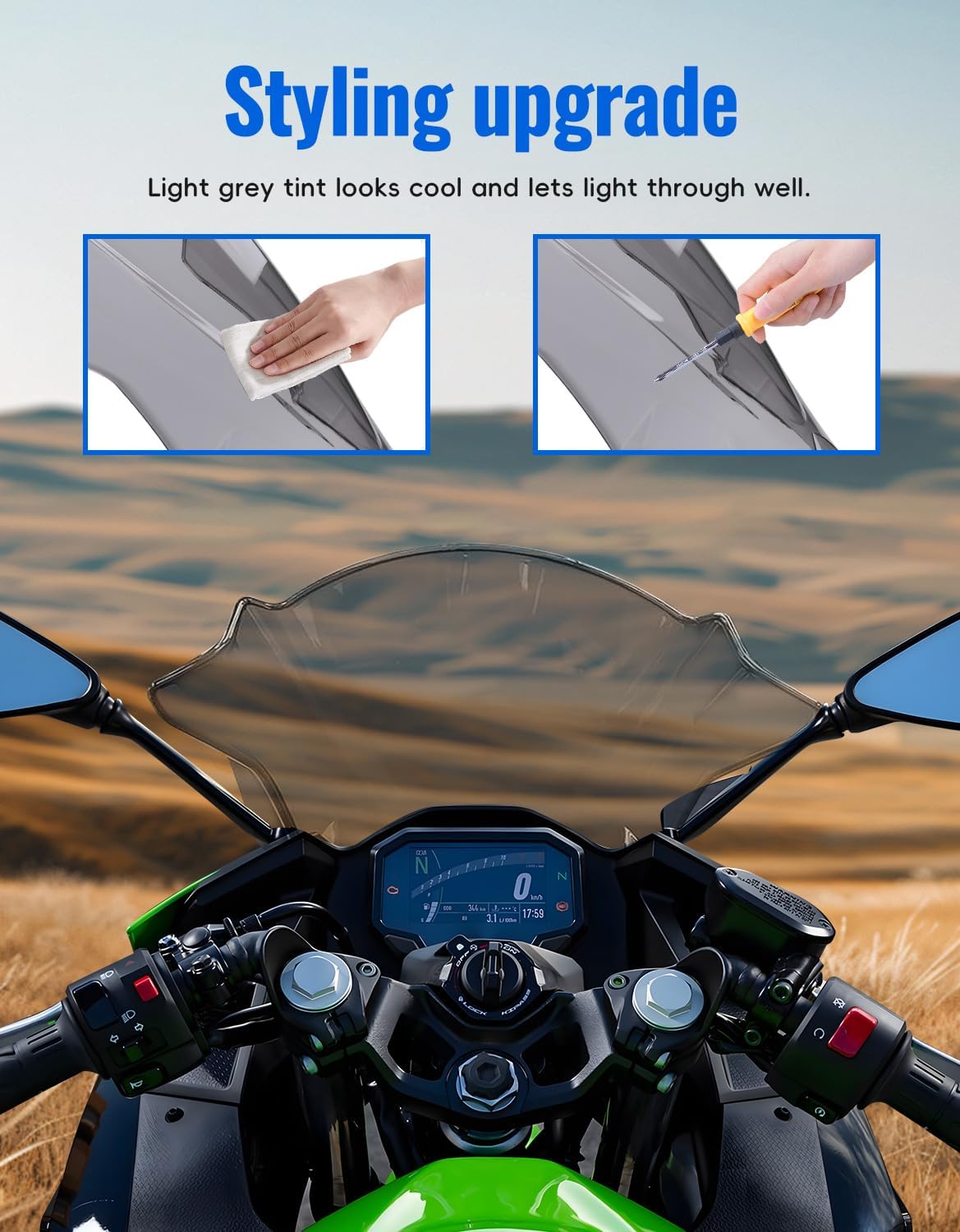 18.4" Light Grey Windshield for Ninja 500 2024-2026, Motorcycle Windscreen Deflector Wind Shield Air Deflector for Kawasaki Ninja 500 / Ninja 500 ABS 2024 2025 2026 Accessories