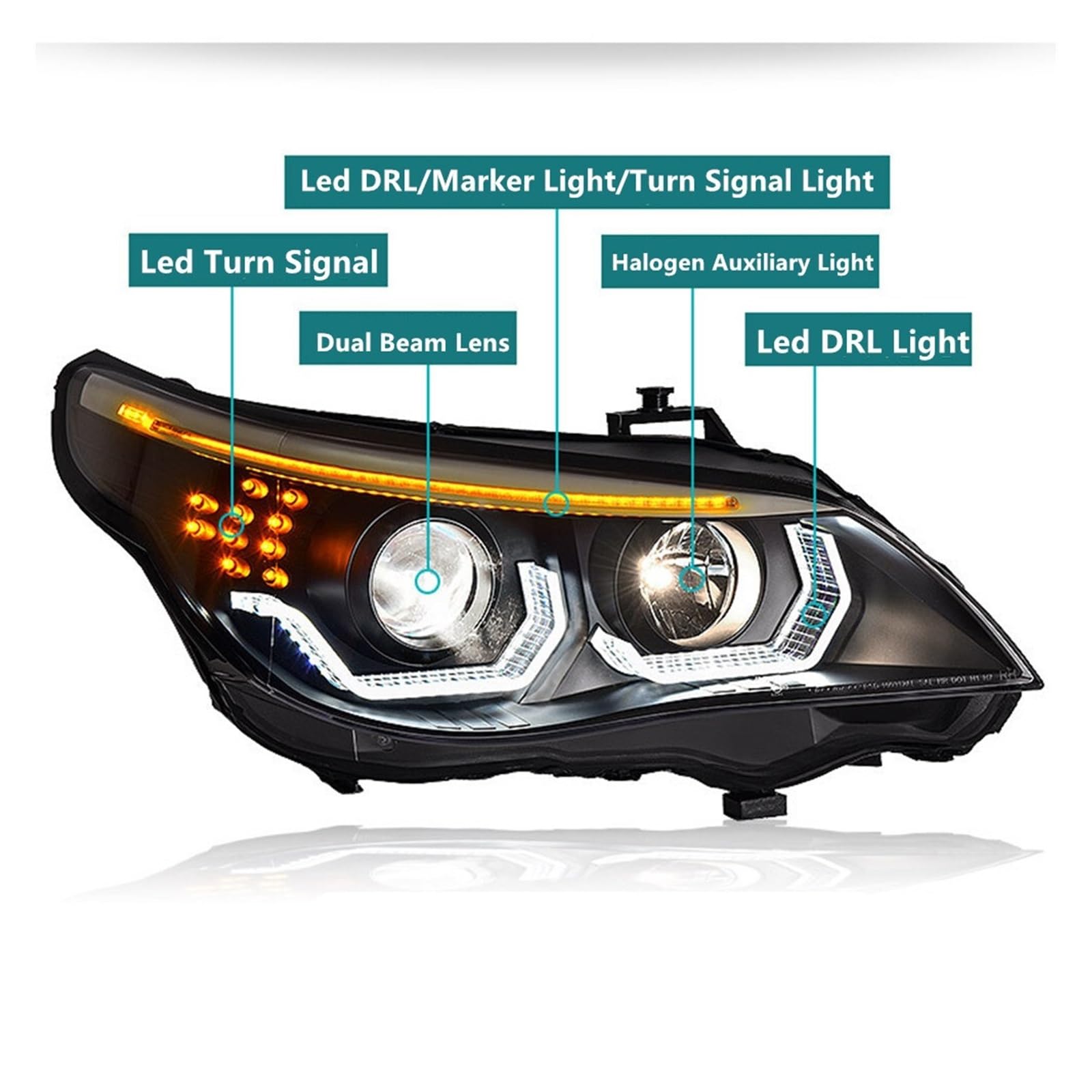 Led Angel Eyes DRL Turn Signal Light Headlamp Headlight Assembly Compatible With BMW 5 Series E60 525i 520i 530i 2004-2010(2004-2007Year)