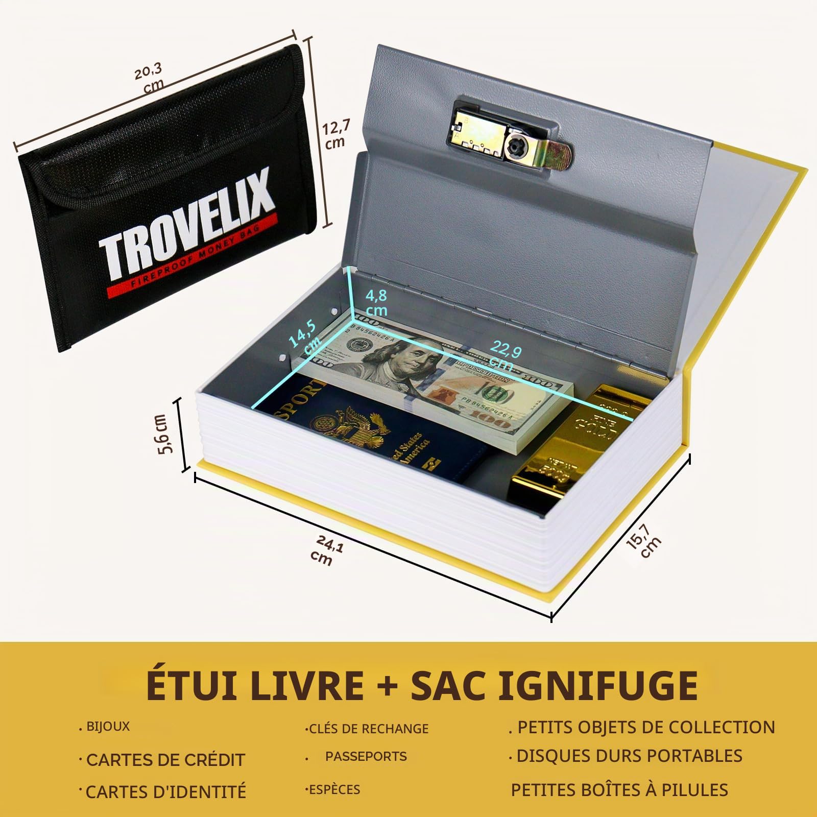Sekam Coffre-fort à livre avec serrure à combinaison, coffre-fort caché (24 x 15 x 5,5 cm) avec sac ignifuge, coffre-fort secret pour dérivation secrète, boîte à livres creuse, boîte de rangement