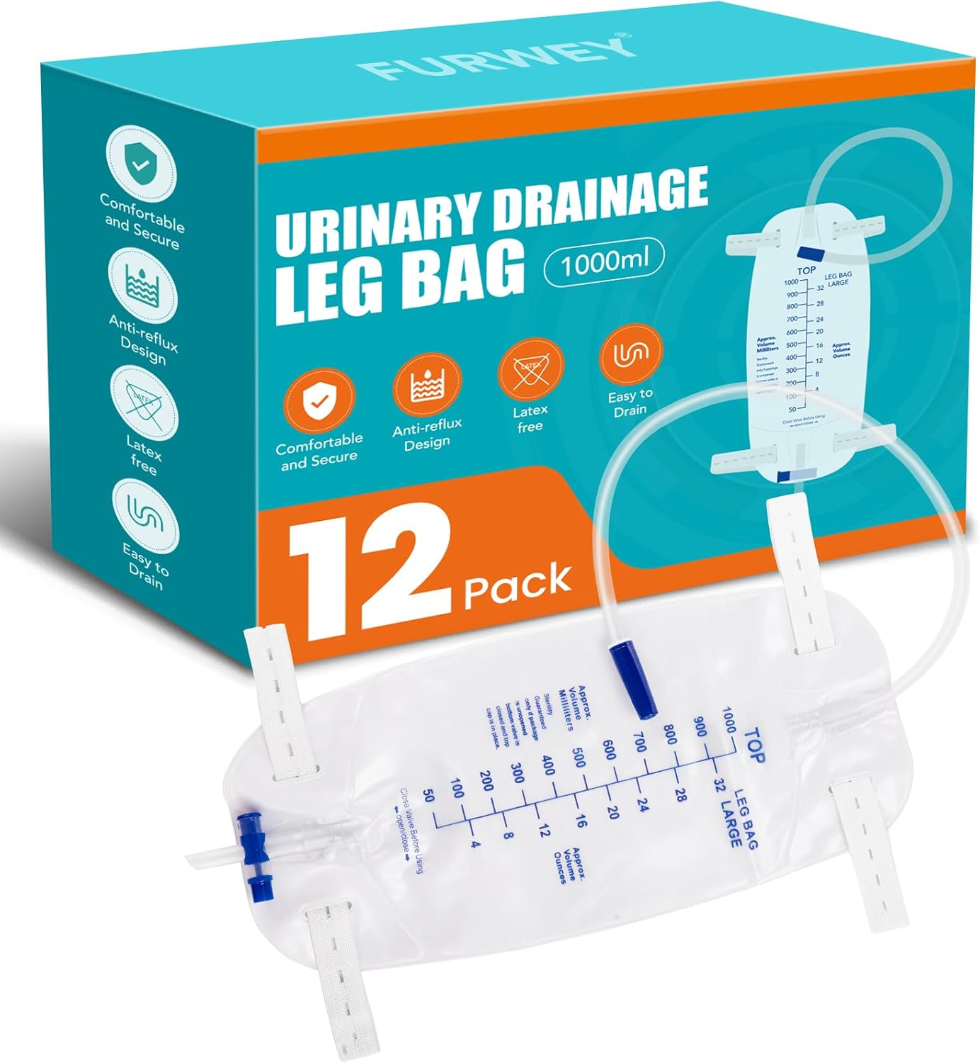 12 Pack 1000ml Catheter Bags with 18” Drainage Tube,Anti Reflux Valve,Large Capacity Urine Leg Catheter with Two Latex-Free Straps, Easy Flip Drain, Urinary Catheter for Men, Women