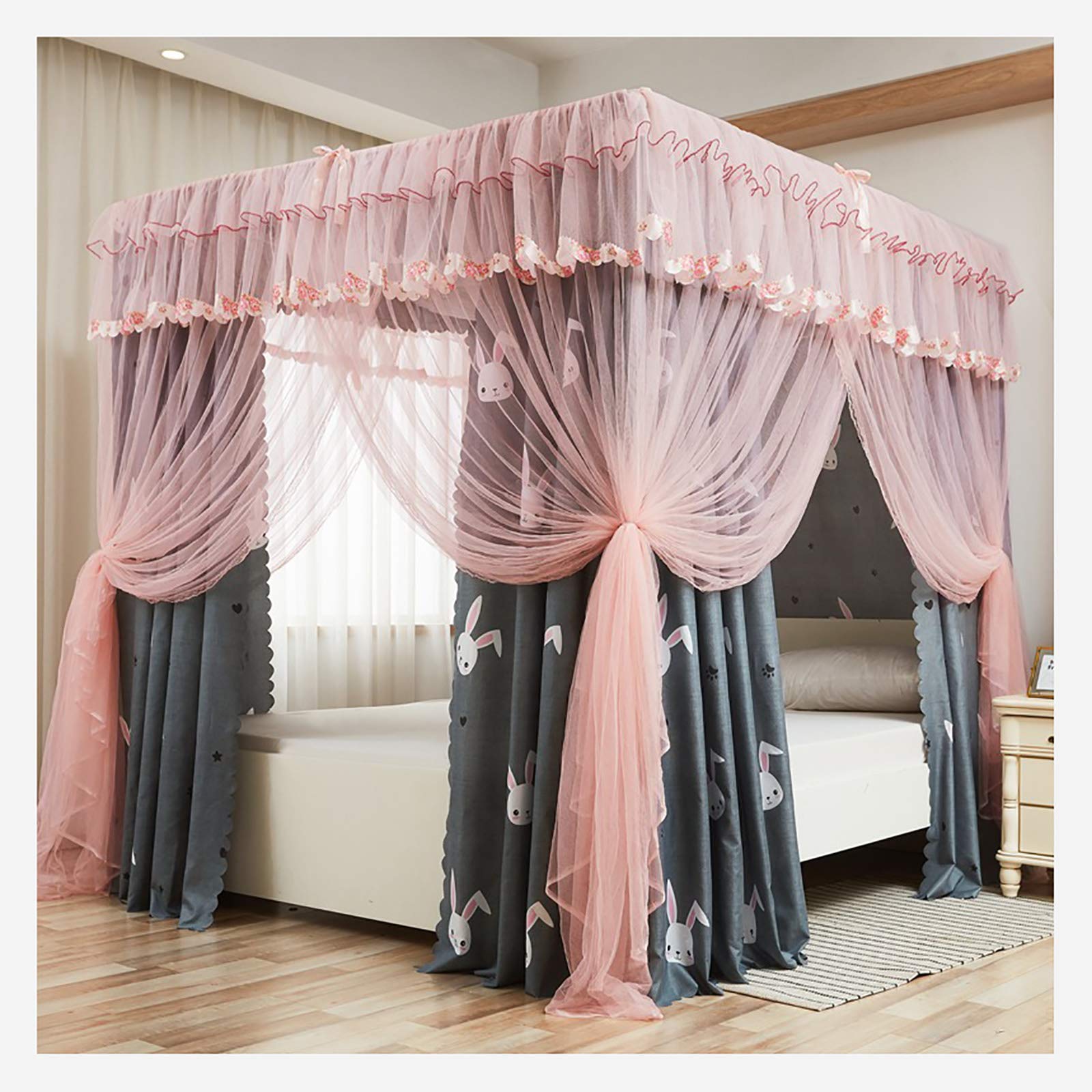 Baldachim do sypialni, 4 zasłony narożne, podwójnie szyfrowana moskitiera do łóżka king-size i dużego łóżka Queen (wymiary: 150 × 200 × 195 cm, kolor: B) (szer. 200 × 220 × 195 cm)