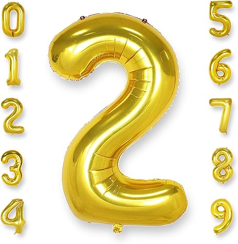 AULE Globos dorados grandes de 40 pulgadas con el número 2, globos de helio de aluminio grandes del 0 al 9, decoraciones gigantes para fiesta de