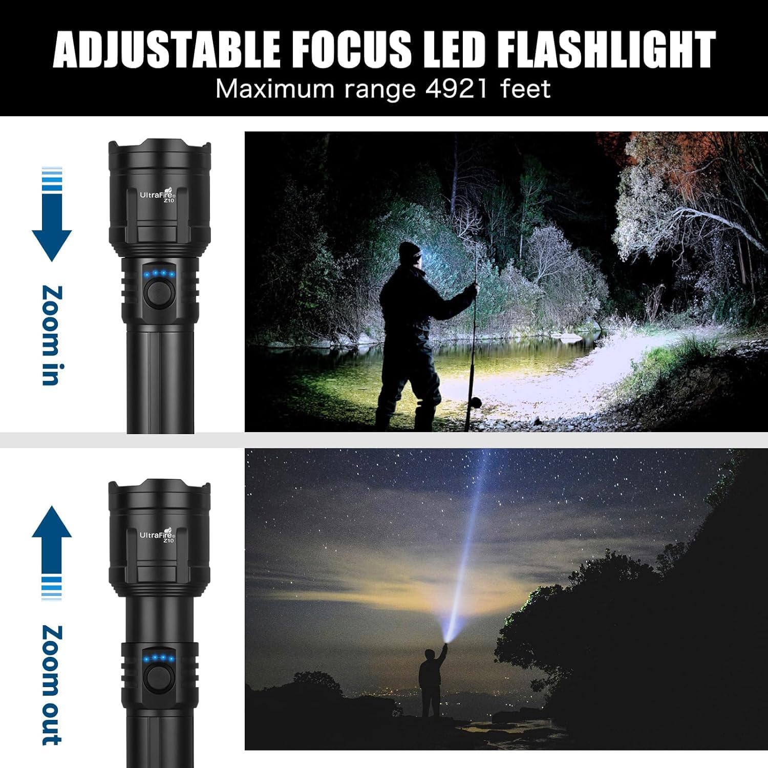 ULTRAFIRE Torcia LED ricaricabile da 1500 lumen con lente Lgnition, torcia tattica zoomabile con fondina per cintura, 3 modalità per campeggio all'aperto escursionismo Z10