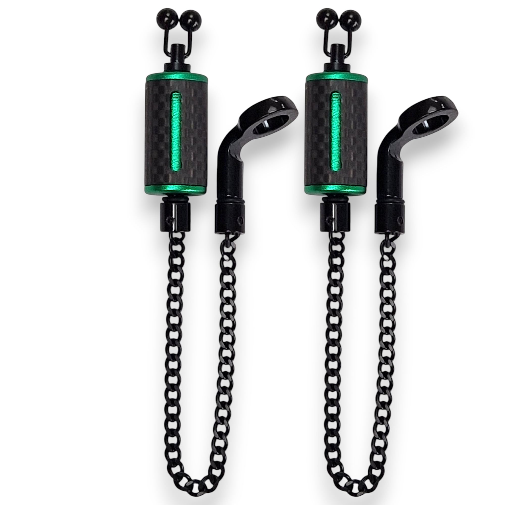 TJR Tackle 2 x Ultimate Carbon Bite Indicators bobbins with 14cm Chain, Black stainless steel ball line clips, Metal hockey sticks (Green)