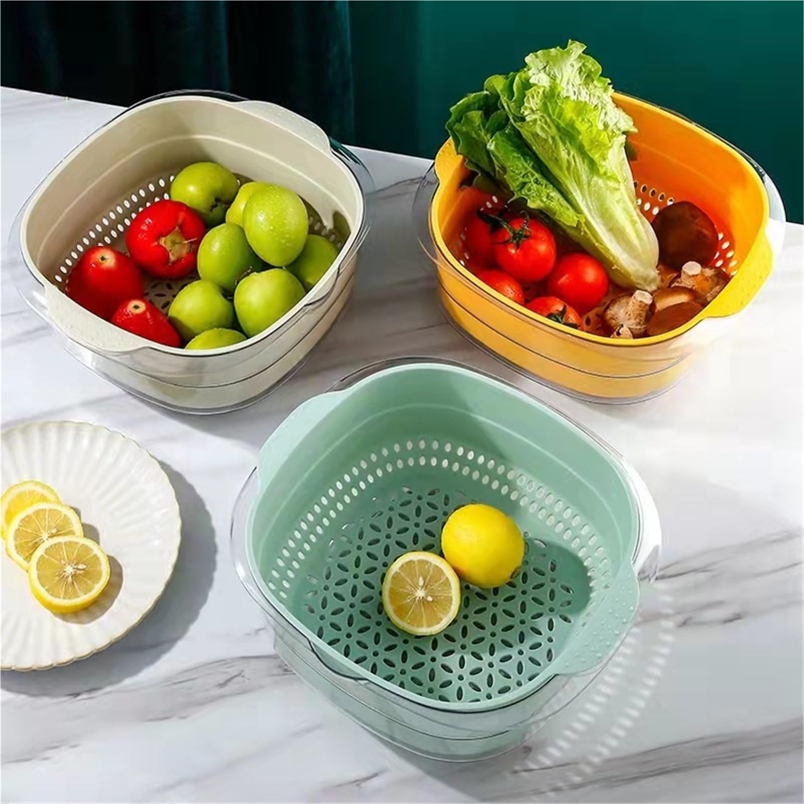 Cesta coladora de doble capa 2 piezas Para Cocina | Colador de frutas y verduras for lavado de cocina, cesta de remojo for lavado y enjuague(White)
