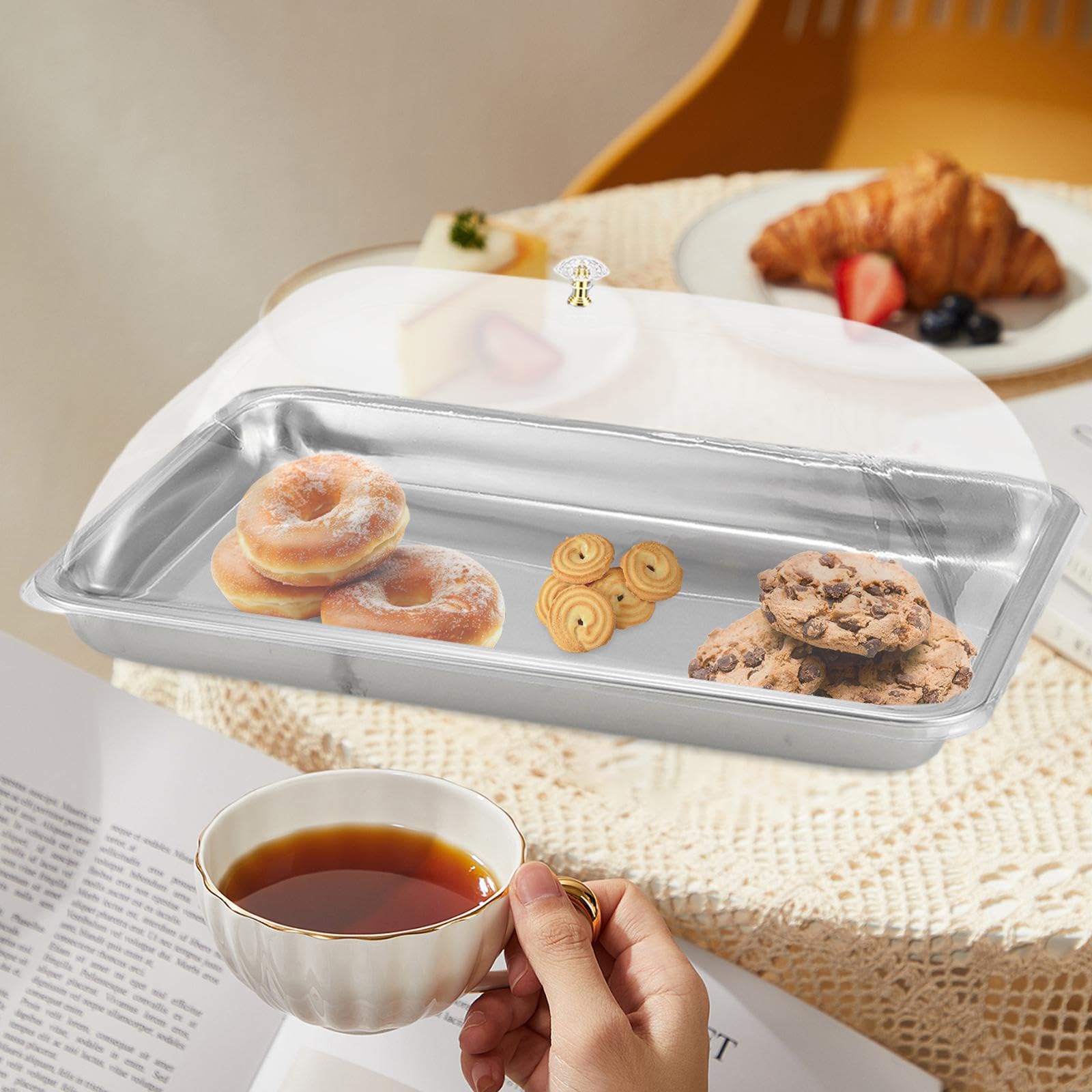 Vassoio da portata in acciaio inossidabile 304 con coperchio a cupola, vassoio multifunzionale per alimenti per festival e buffet, 50 x 35 x 5 cm, elegante, resistente, facile da pulire